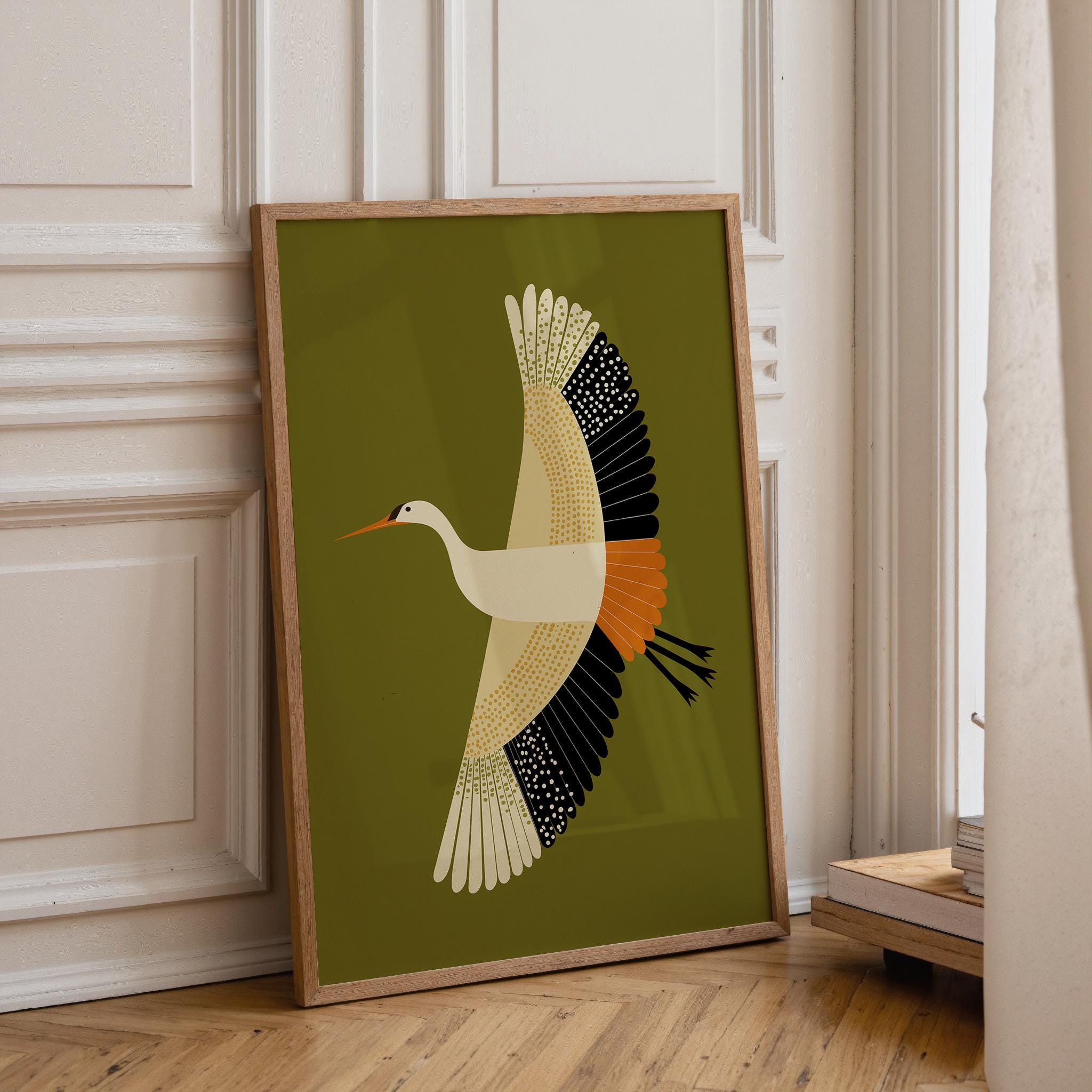 Mid Century Modern Crane Retro 1960s Olive Green Scandinavian Wall Art by The Wall Art Studio - physical