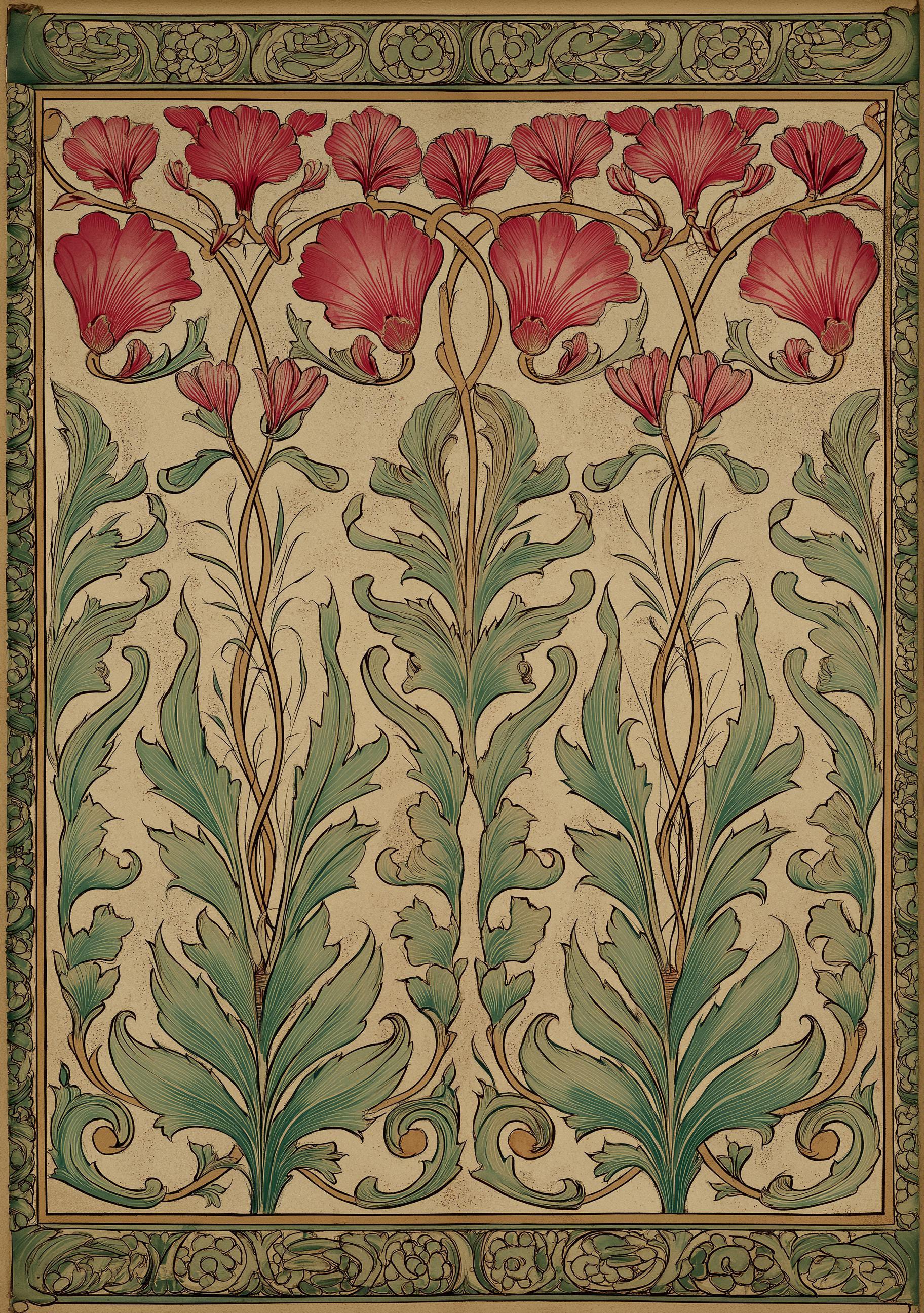 Art Nouveau Red Thistle Botanical William Morris Style Floral Wall Art