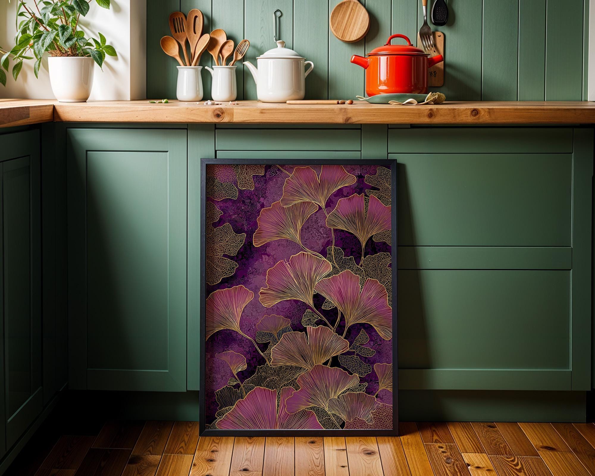Purple Ginkgo Leaf Luxe Botanical Dark Maximalist Wall Art by The Wall Art Studio - physical