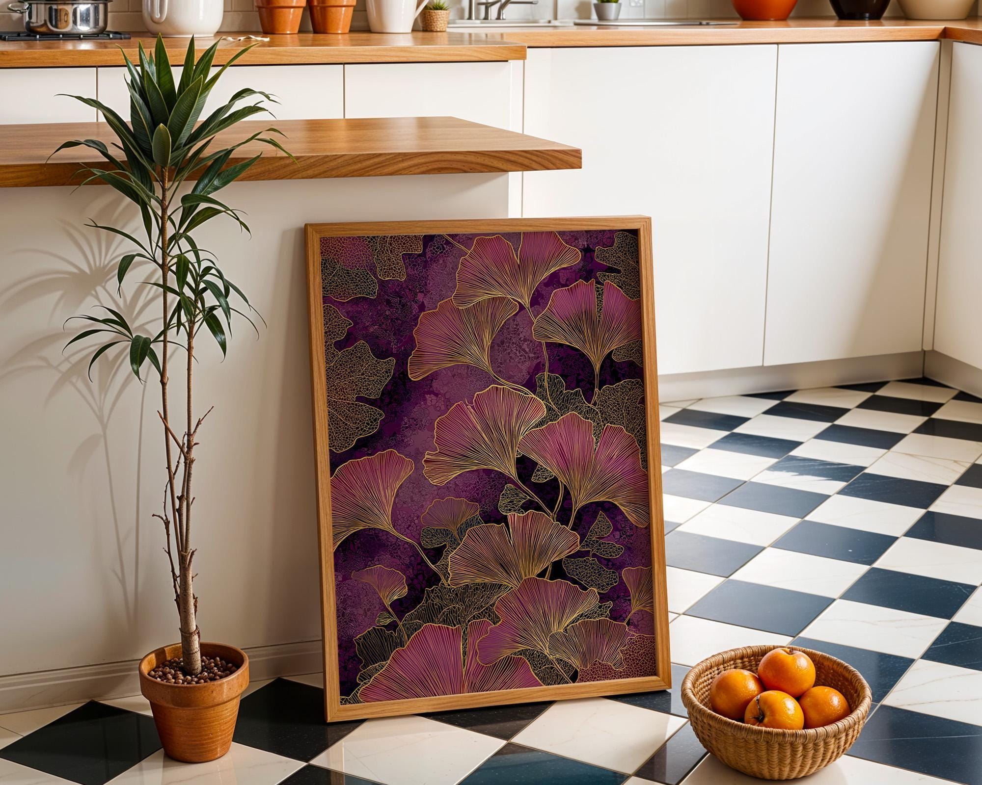 Purple Ginkgo Leaf Luxe Botanical Dark Maximalist Wall Art by The Wall Art Studio - physical