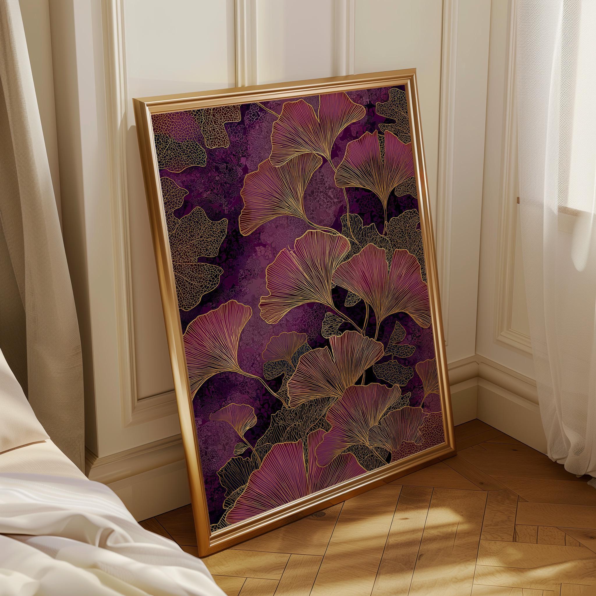 Purple Ginkgo Leaf Luxe Botanical Dark Maximalist Wall Art by The Wall Art Studio - physical