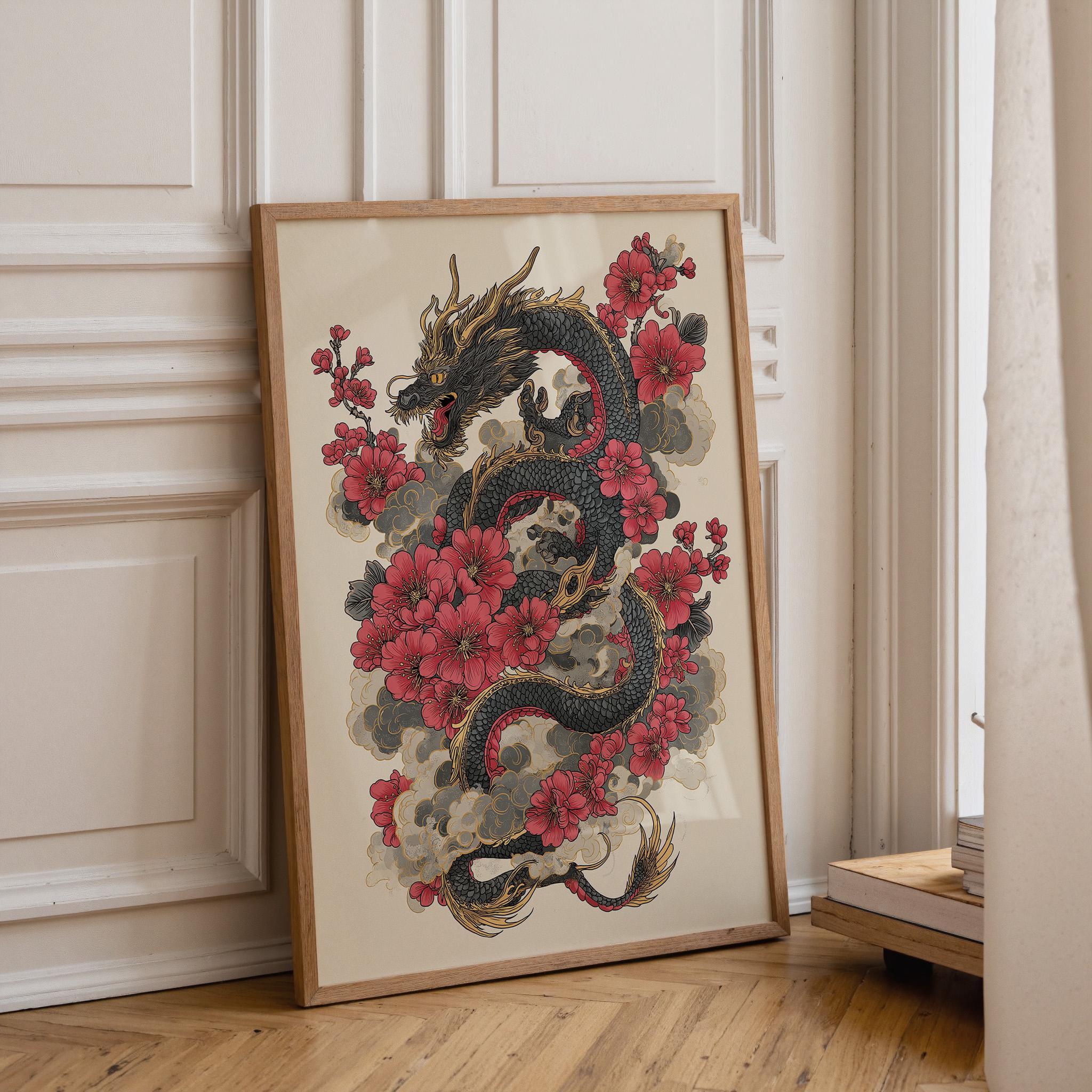 Japanese Dragon  Cherry Blossom Dragon Oriental Tattoo Style Wall Art