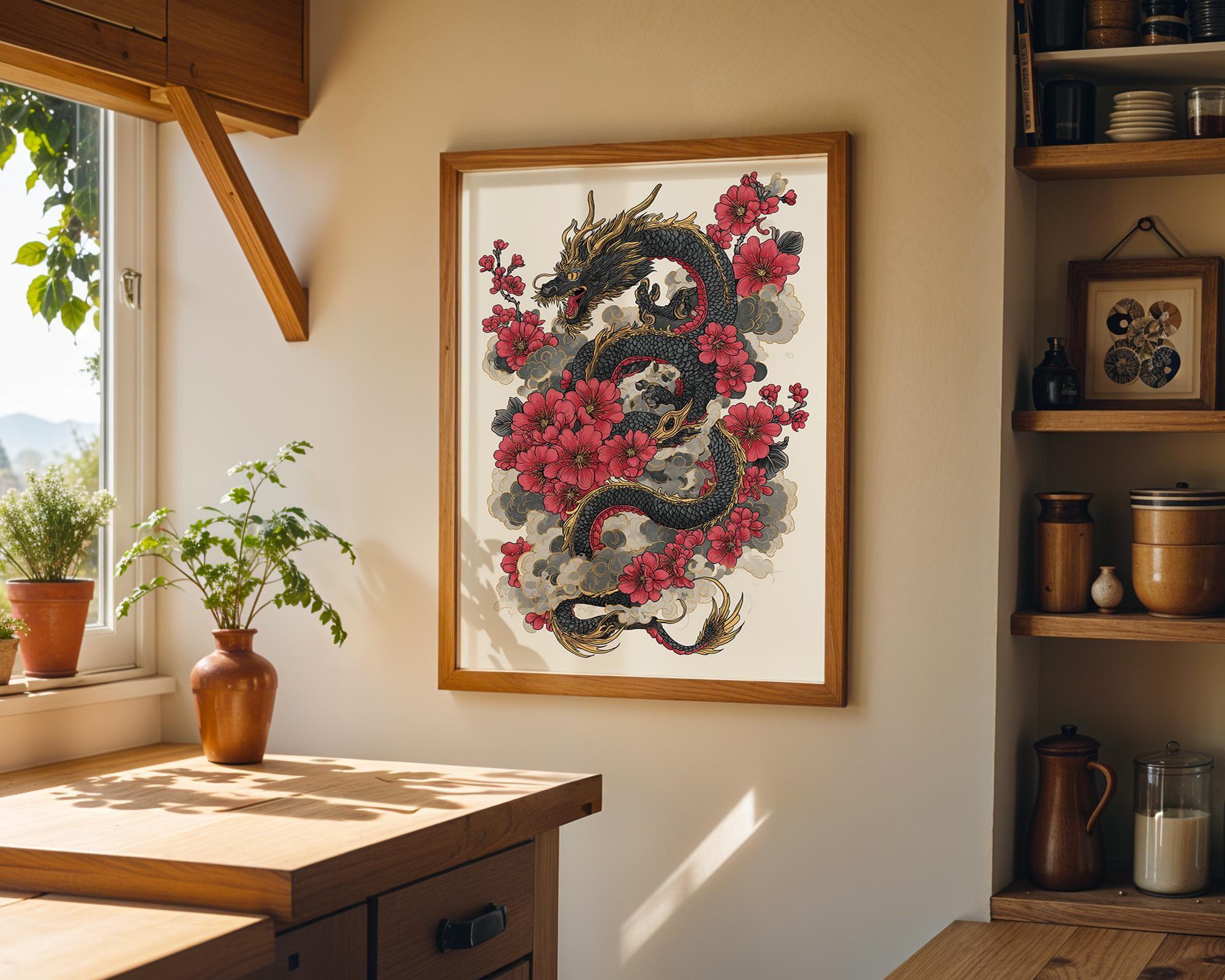Japanese Dragon  Cherry Blossom Dragon Oriental Tattoo Style Wall Art