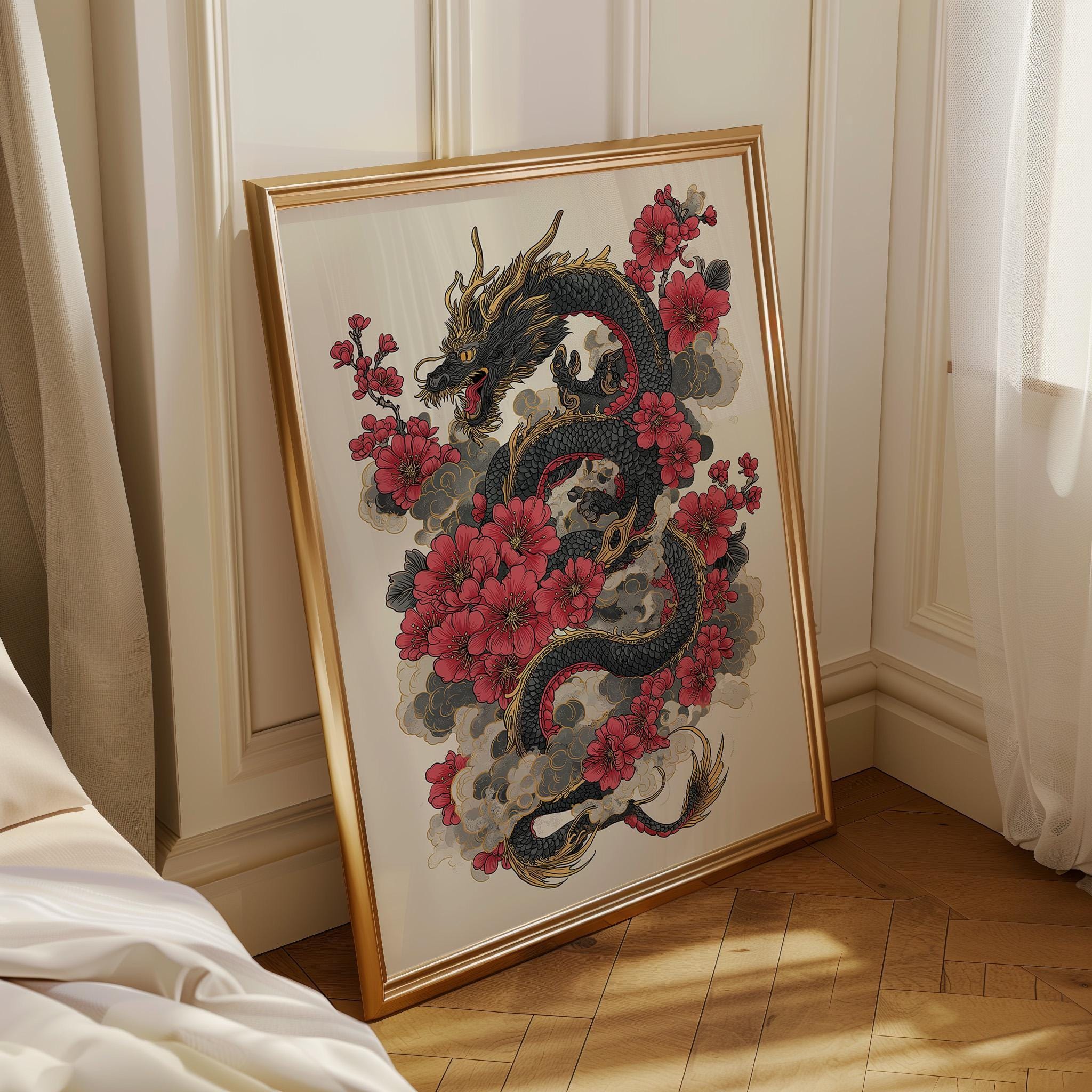 Japanese Dragon  Cherry Blossom Dragon Oriental Tattoo Style Wall Art