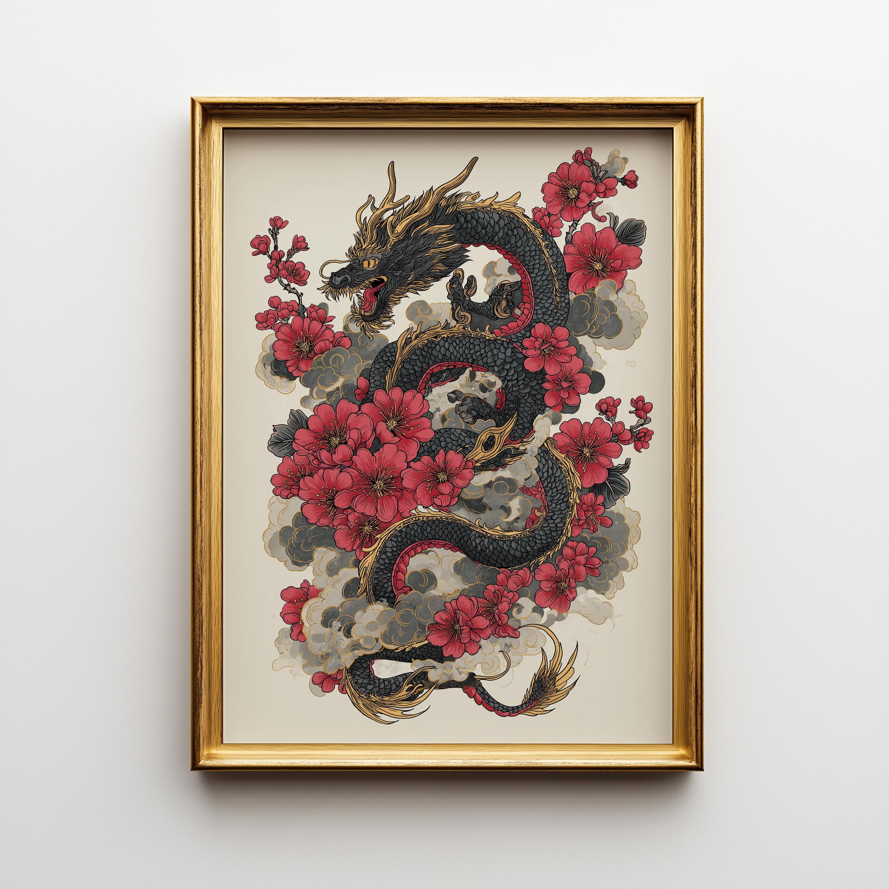 Japanese Dragon  Cherry Blossom Dragon Oriental Tattoo Style Wall Art