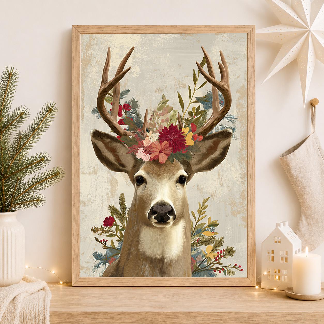 Floral Scandinavian Christmas Reindeer Wall Art by The Wall Art Studio