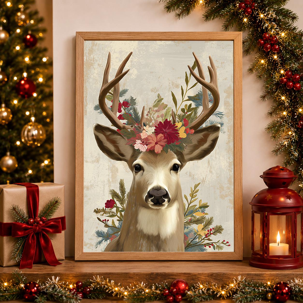 Floral Scandinavian Christmas Reindeer Wall Art by The Wall Art Studio