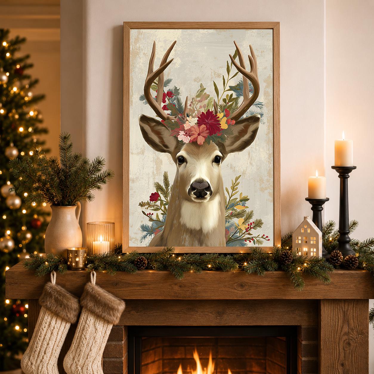 Floral Scandinavian Christmas Reindeer Wall Art by The Wall Art Studio