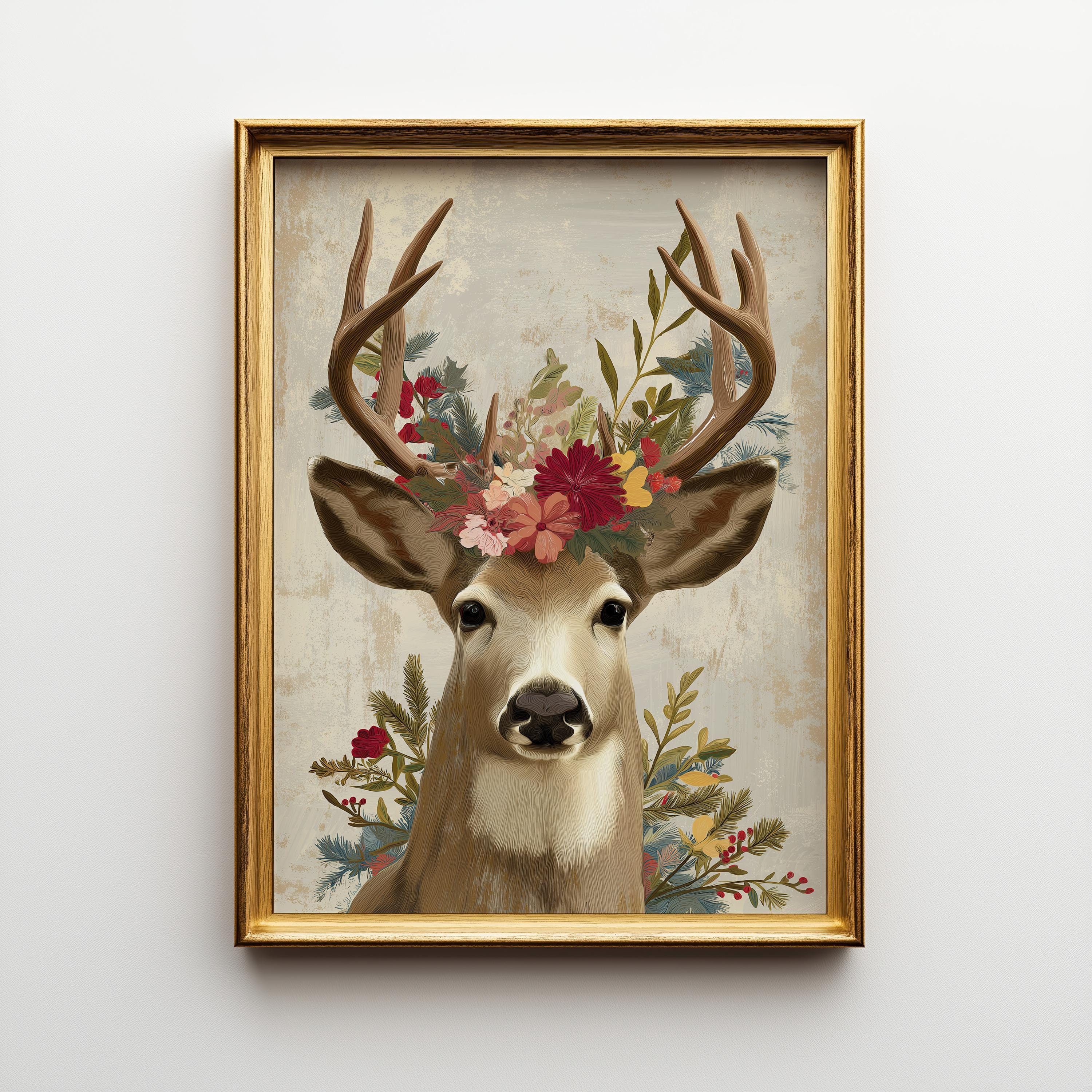 Floral Scandinavian Christmas Reindeer Wall Art by The Wall Art Studio