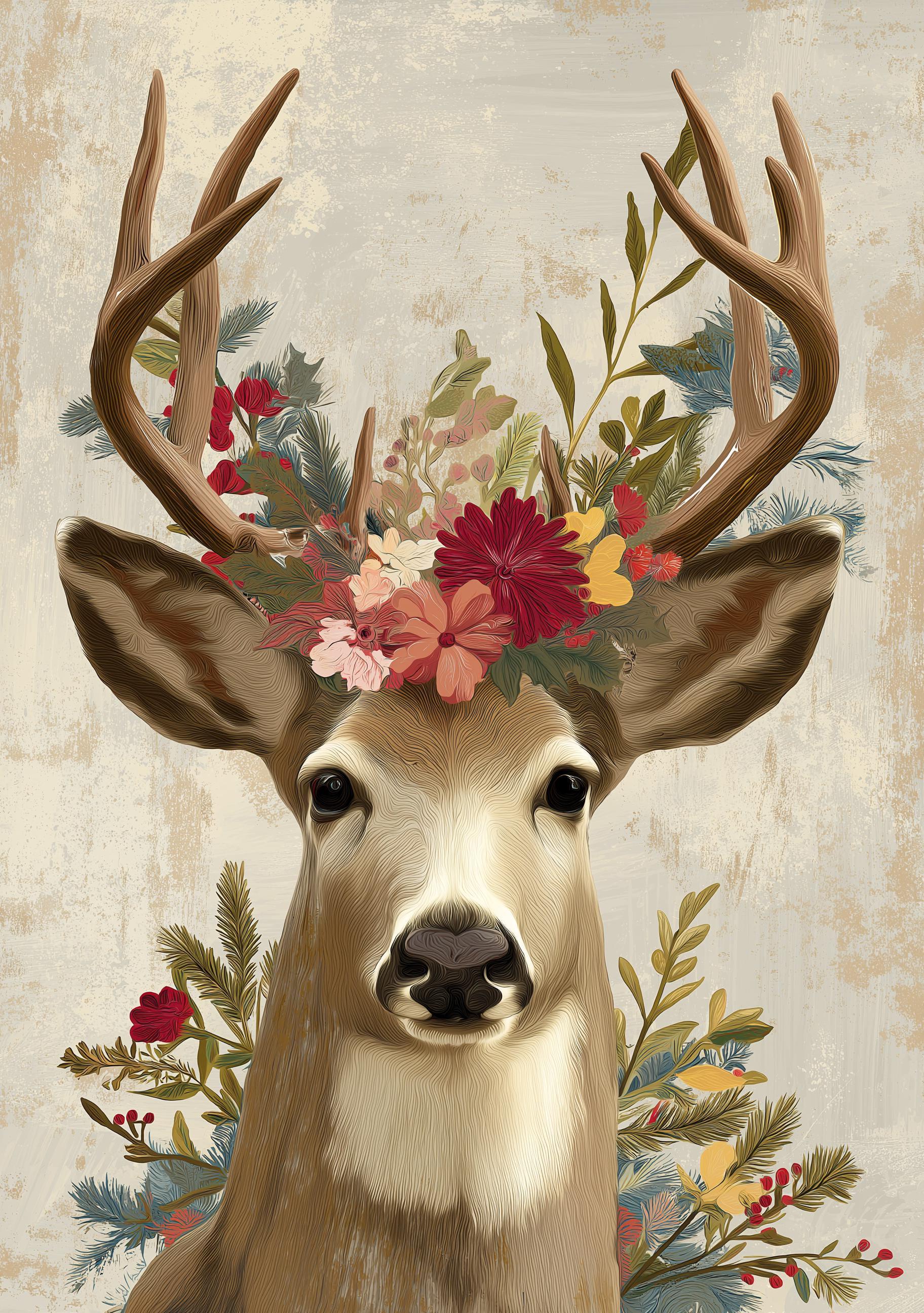 Floral Scandinavian Christmas Reindeer Wall Art by The Wall Art Studio