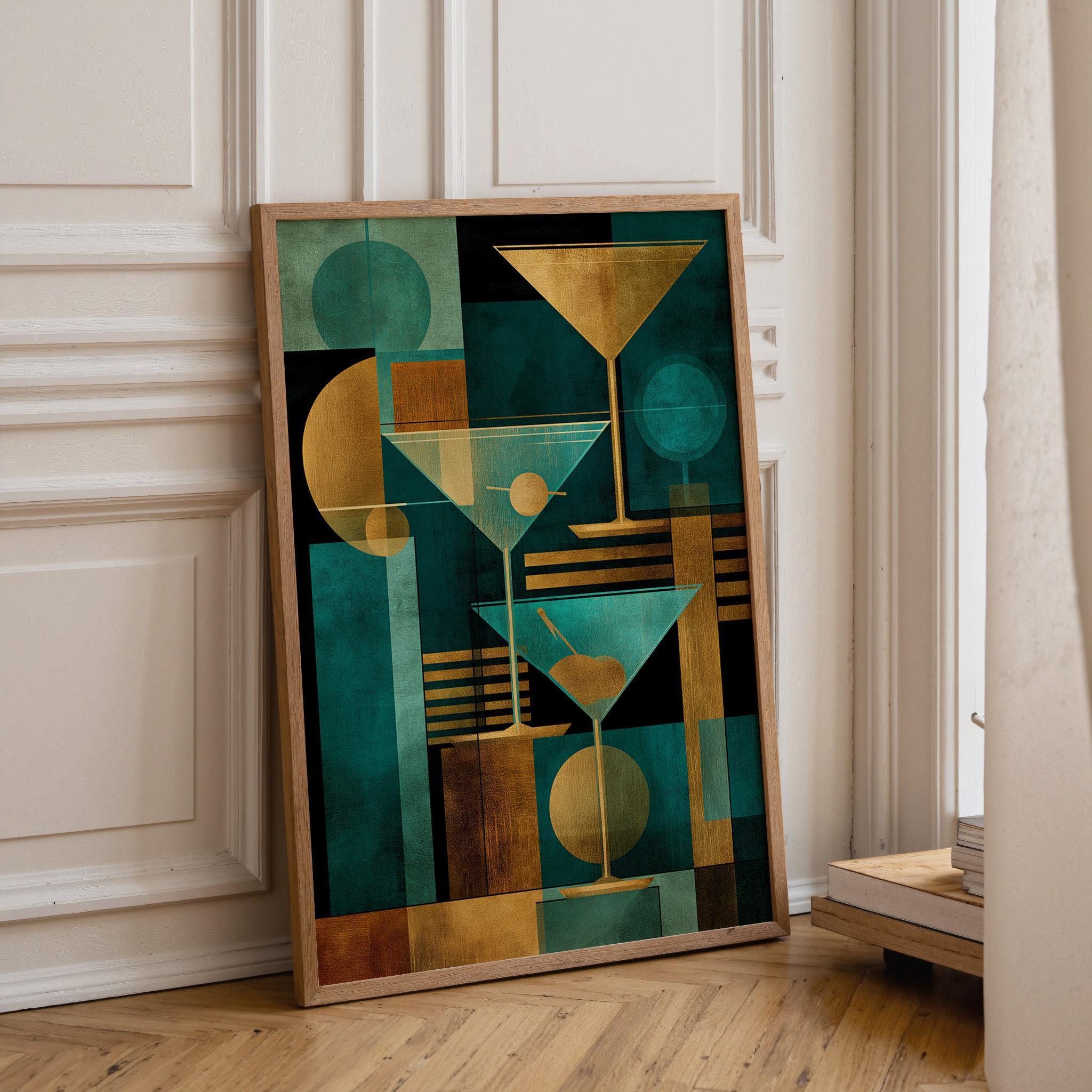 Gold & Teal Art Deco Cocktail Geometric Martini Glass Wall Art by The Wall Art Studio