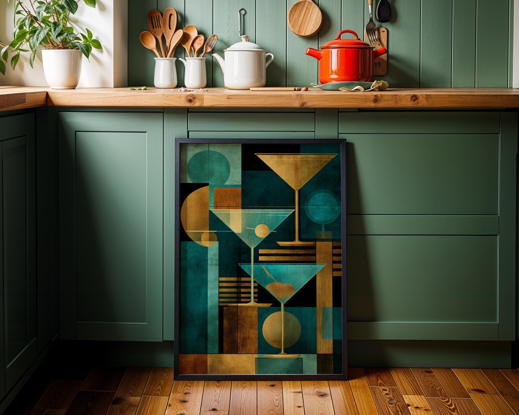 Gold & Teal Art Deco Cocktail Geometric Martini Glass Wall Art by The Wall Art Studio