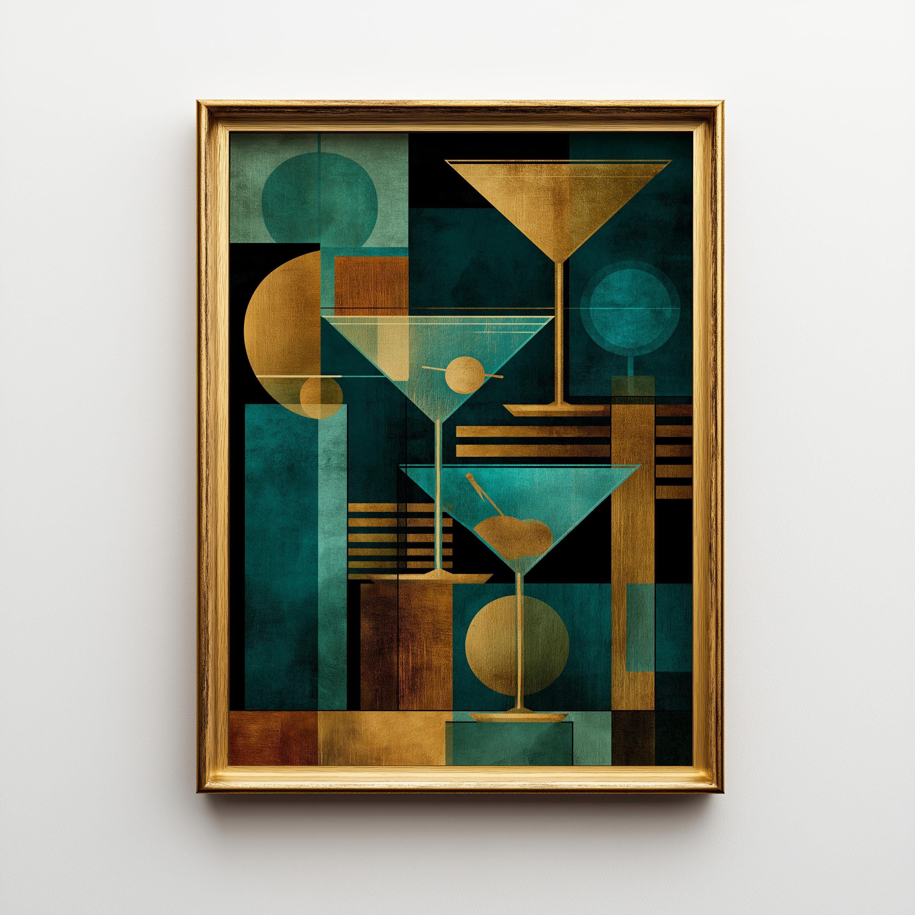 Gold & Teal Art Deco Cocktail Geometric Martini Glass Wall Art by The Wall Art Studio