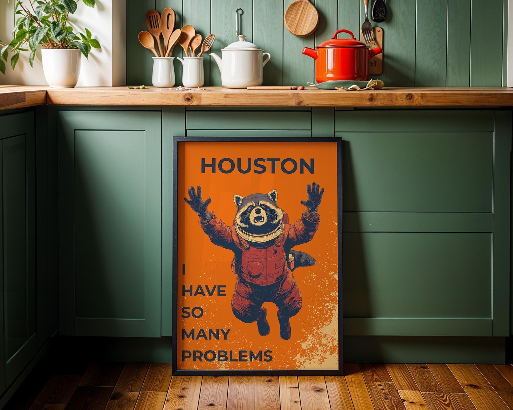 Funny Space Racoon Astronaut “Houston I Have So Many Problems” Retro Sci Fi Wall Art