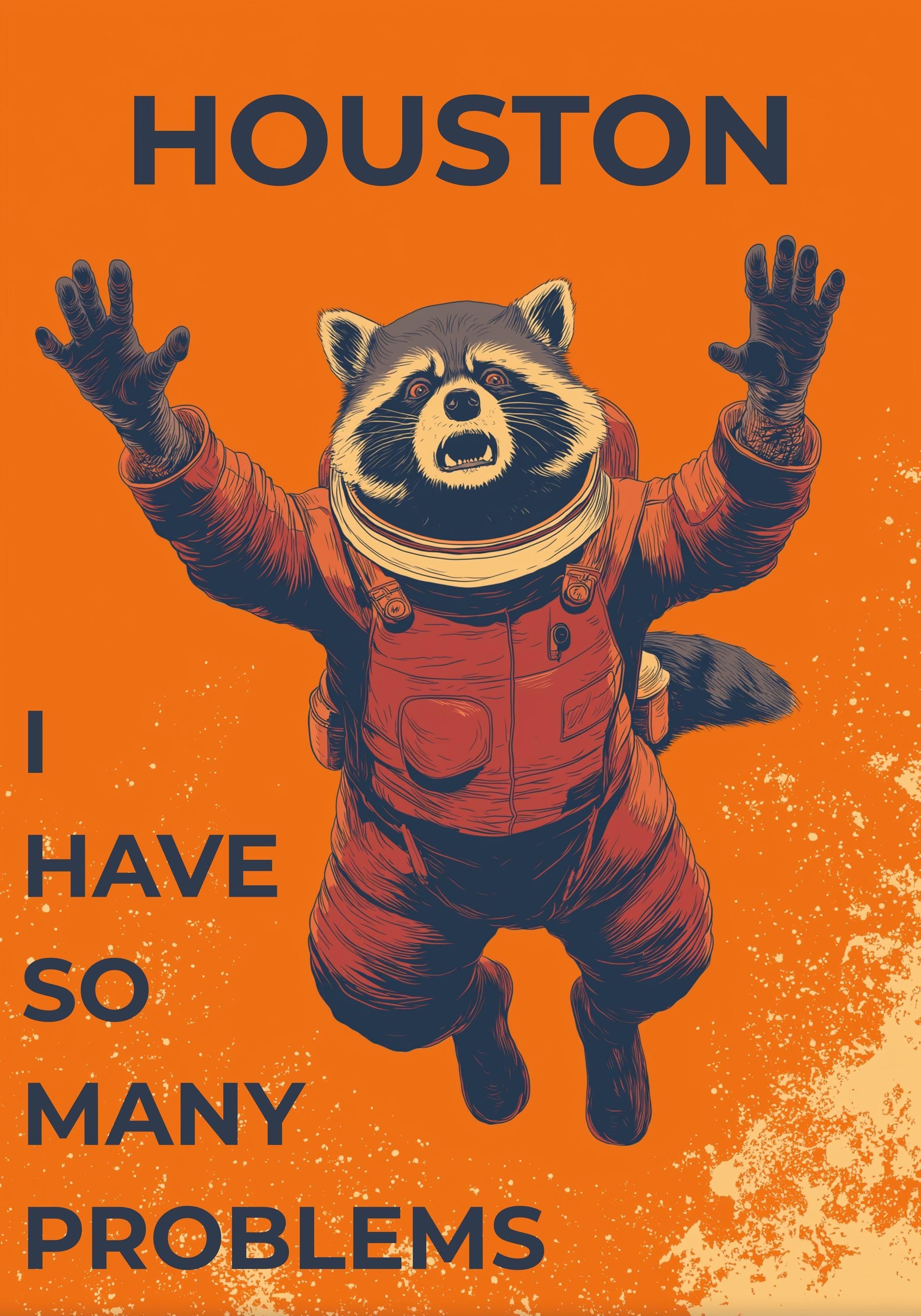 Funny Space Racoon Astronaut “Houston I Have So Many Problems” Retro Sci Fi Wall Art