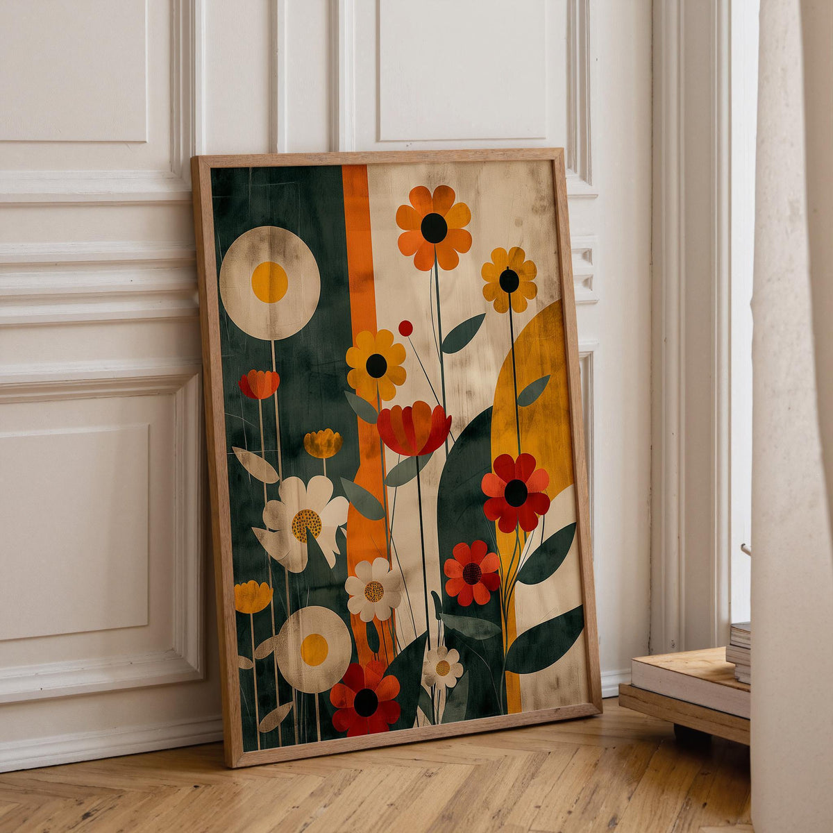 1970s Retro Floral Mid Century Modern Mustard Orange & Teal Vintage Wall Art by The Wall Art Studio