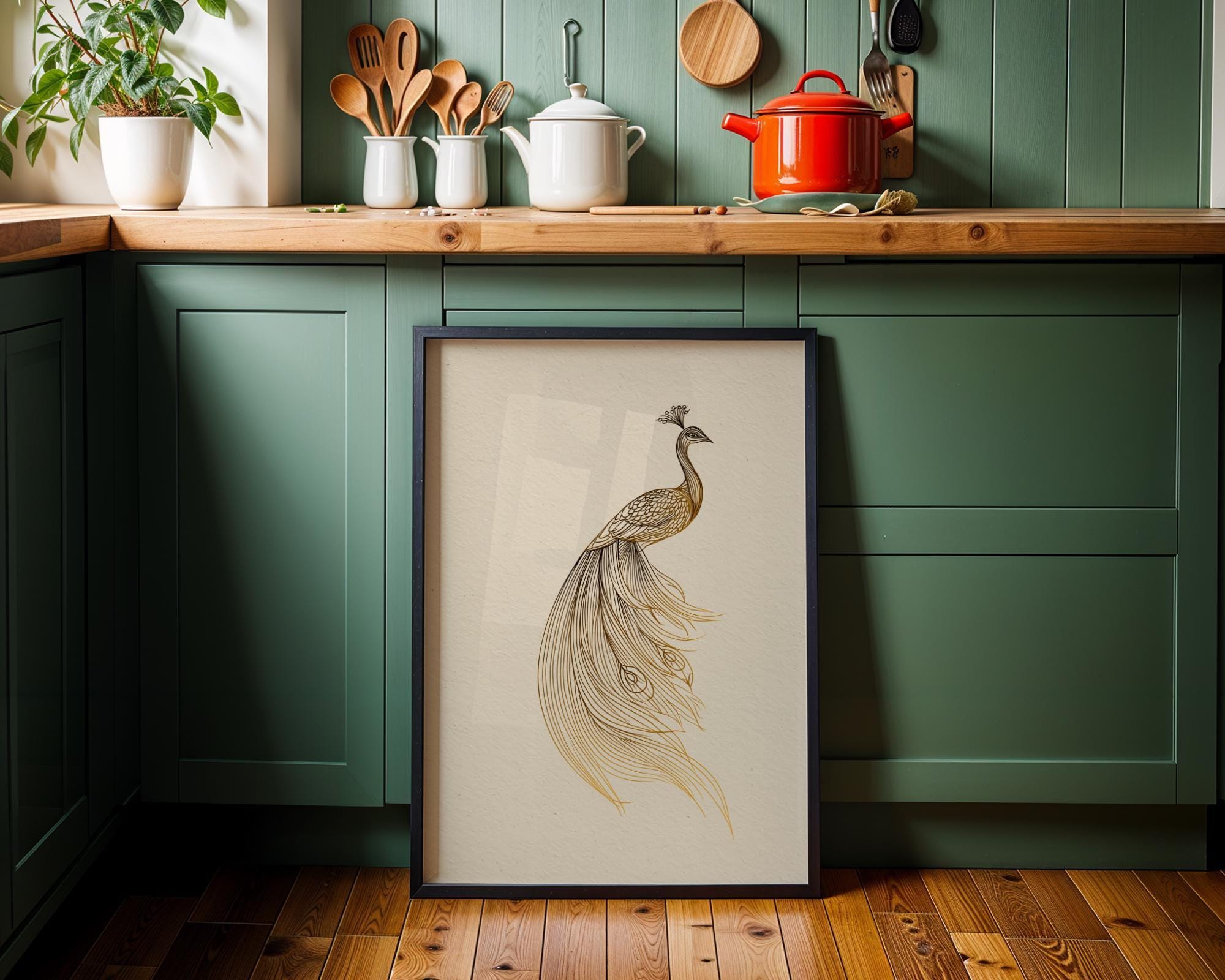 Minimalist Peacock Line Art Elegant Gold Bird Wall Art by The Wall Art Studio - physical