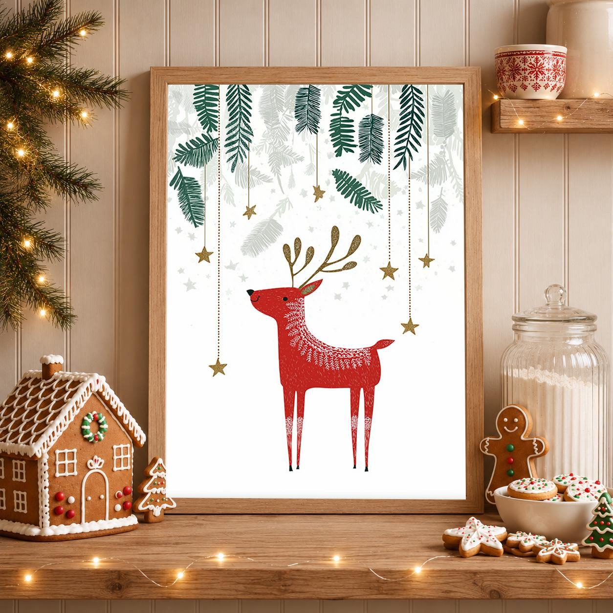 Scandinavian Reindeer Minimalist Nordic Woodland Christmas Wall Art by The Wall Art Studio