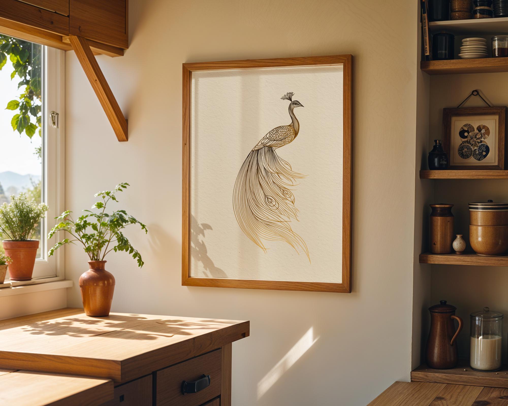 Minimalist Peacock Line Art Elegant Gold Bird Wall Art by The Wall Art Studio - physical