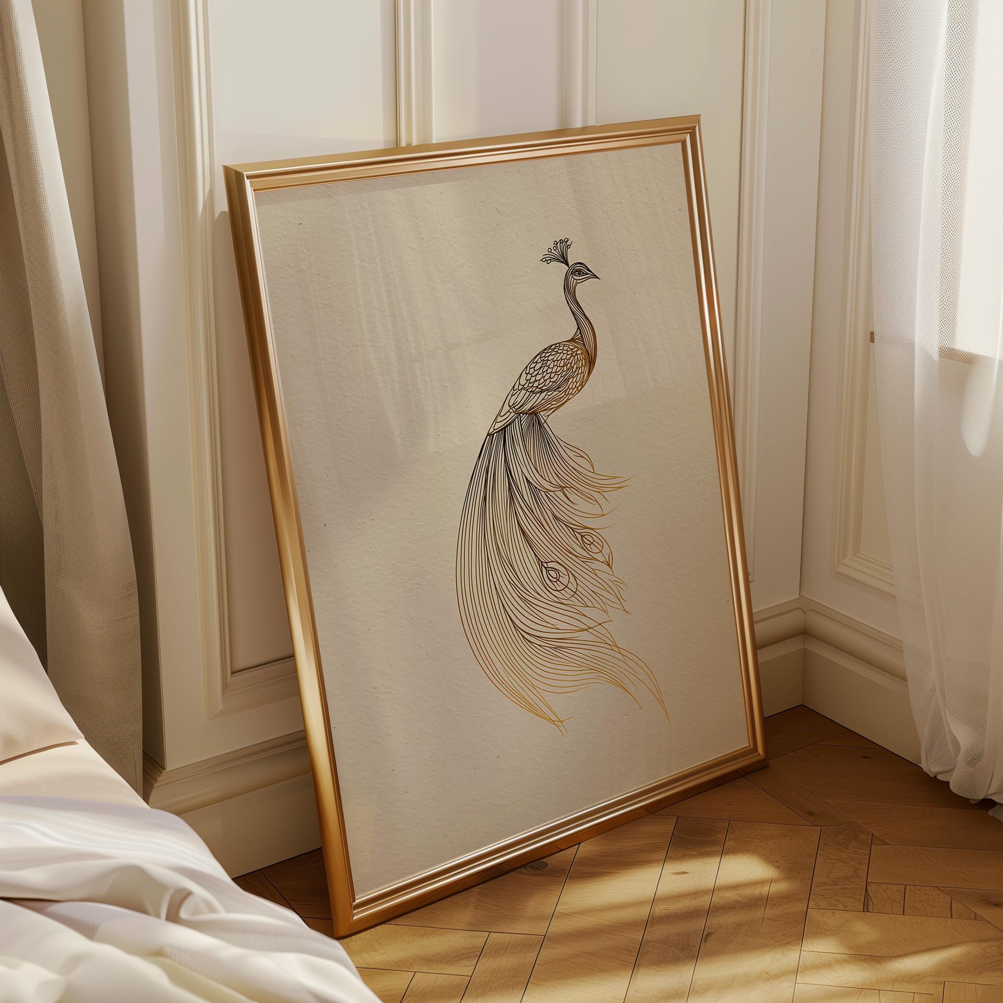 Minimalist Peacock Line Art Elegant Gold Bird Wall Art by The Wall Art Studio - physical