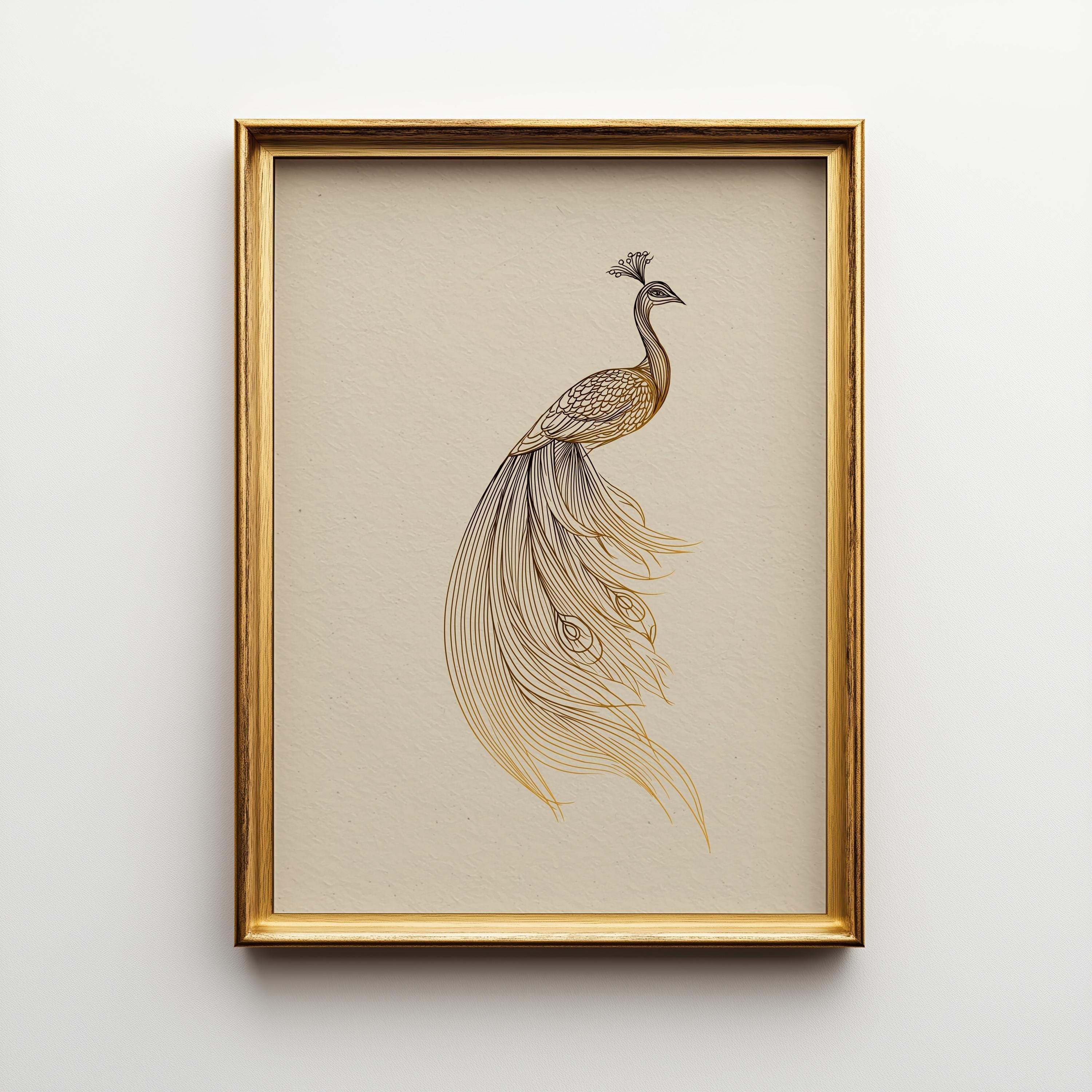 Minimalist Peacock Line Art Elegant Gold Bird Wall Art by The Wall Art Studio - physical