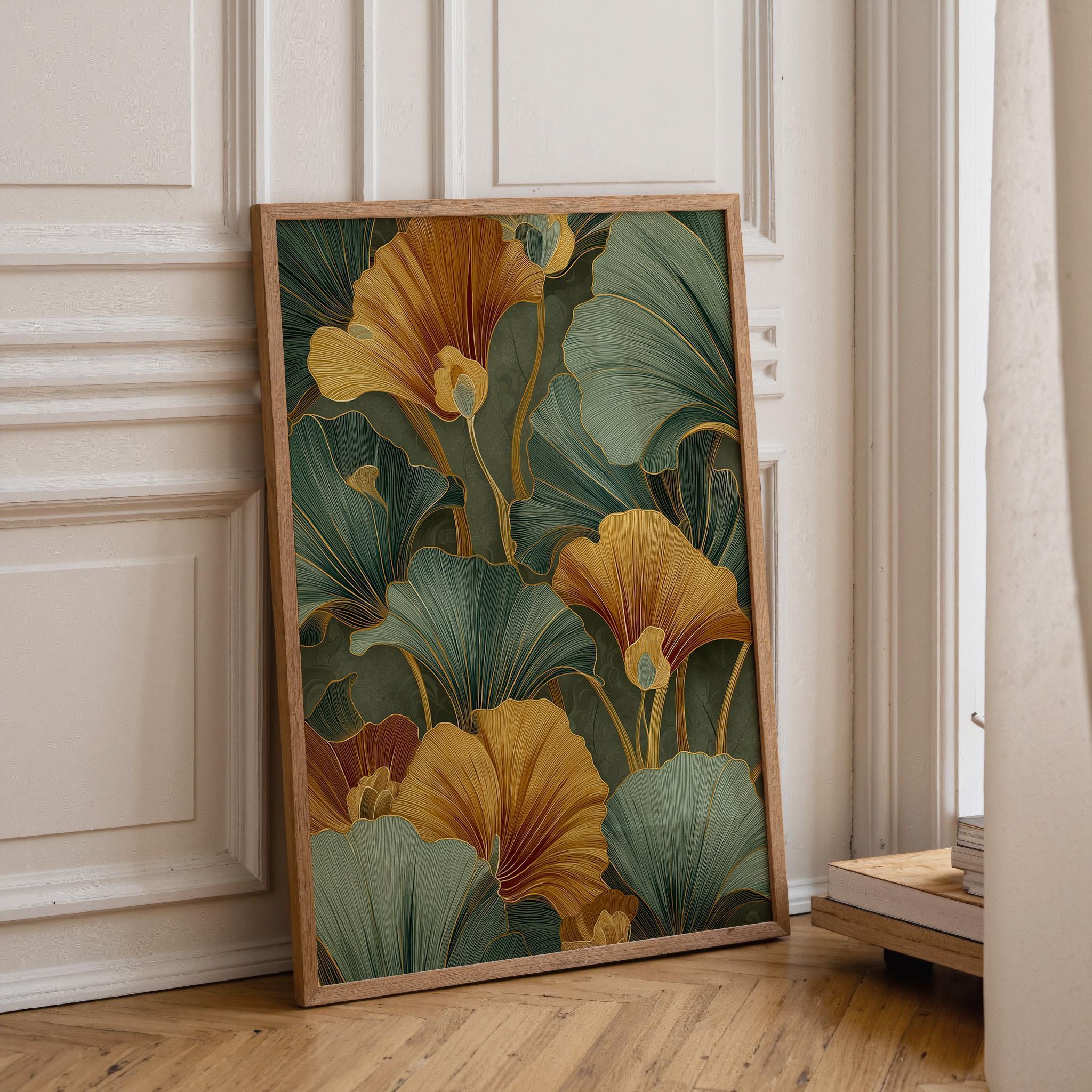 Art Deco Emerald Green Floral Tropical Leaves Wall Art by The Wall Art Studio