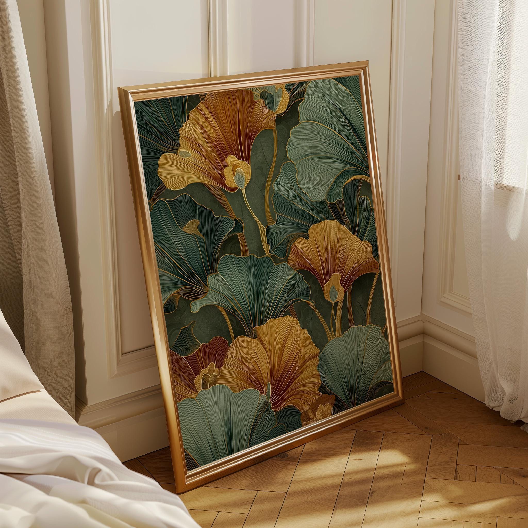 Art Deco Emerald Green Floral Tropical Leaves Wall Art by The Wall Art Studio