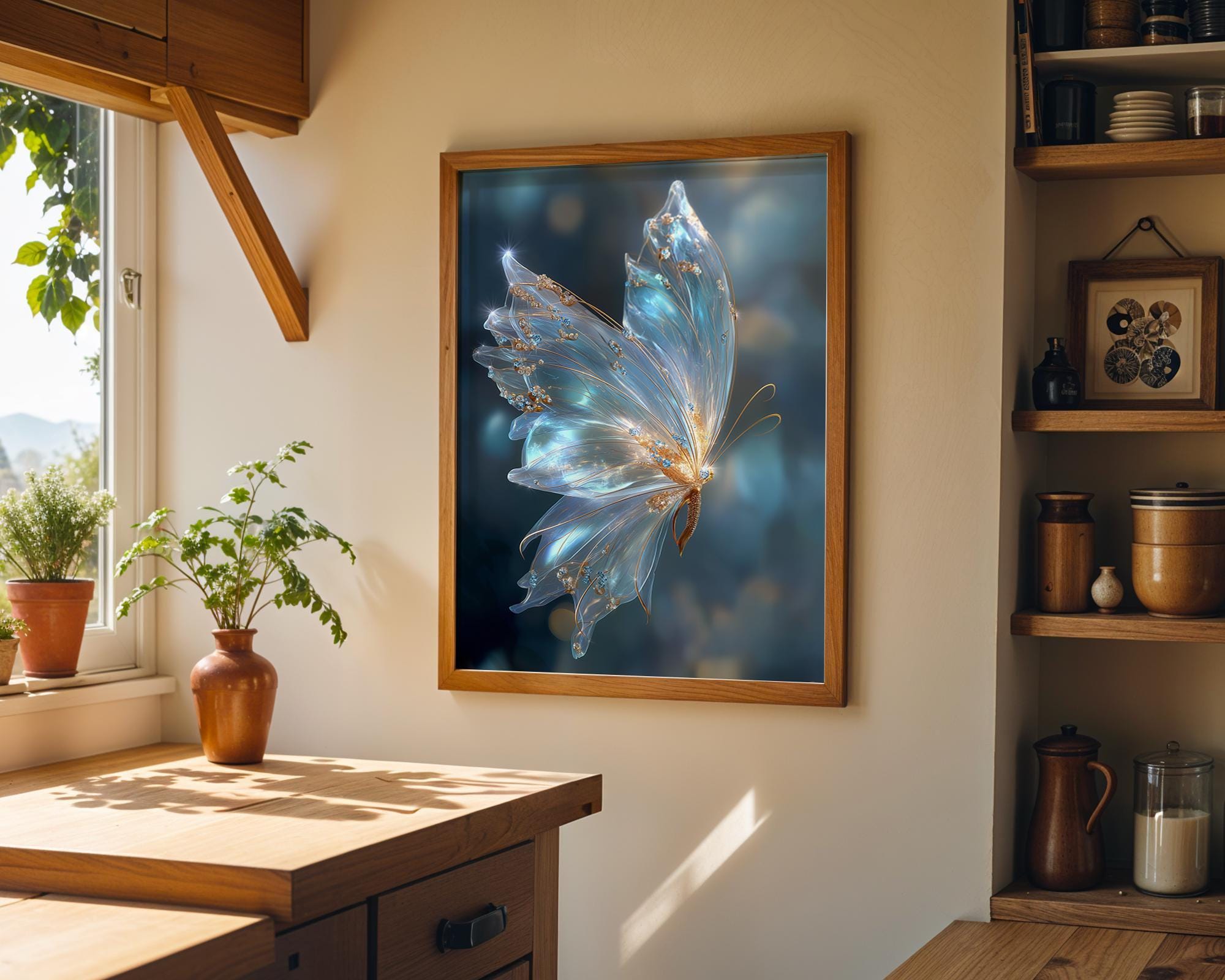 Ethereal Butterfly Magical Blue & Gold Celestial Wall Art by The Wall Art Studio