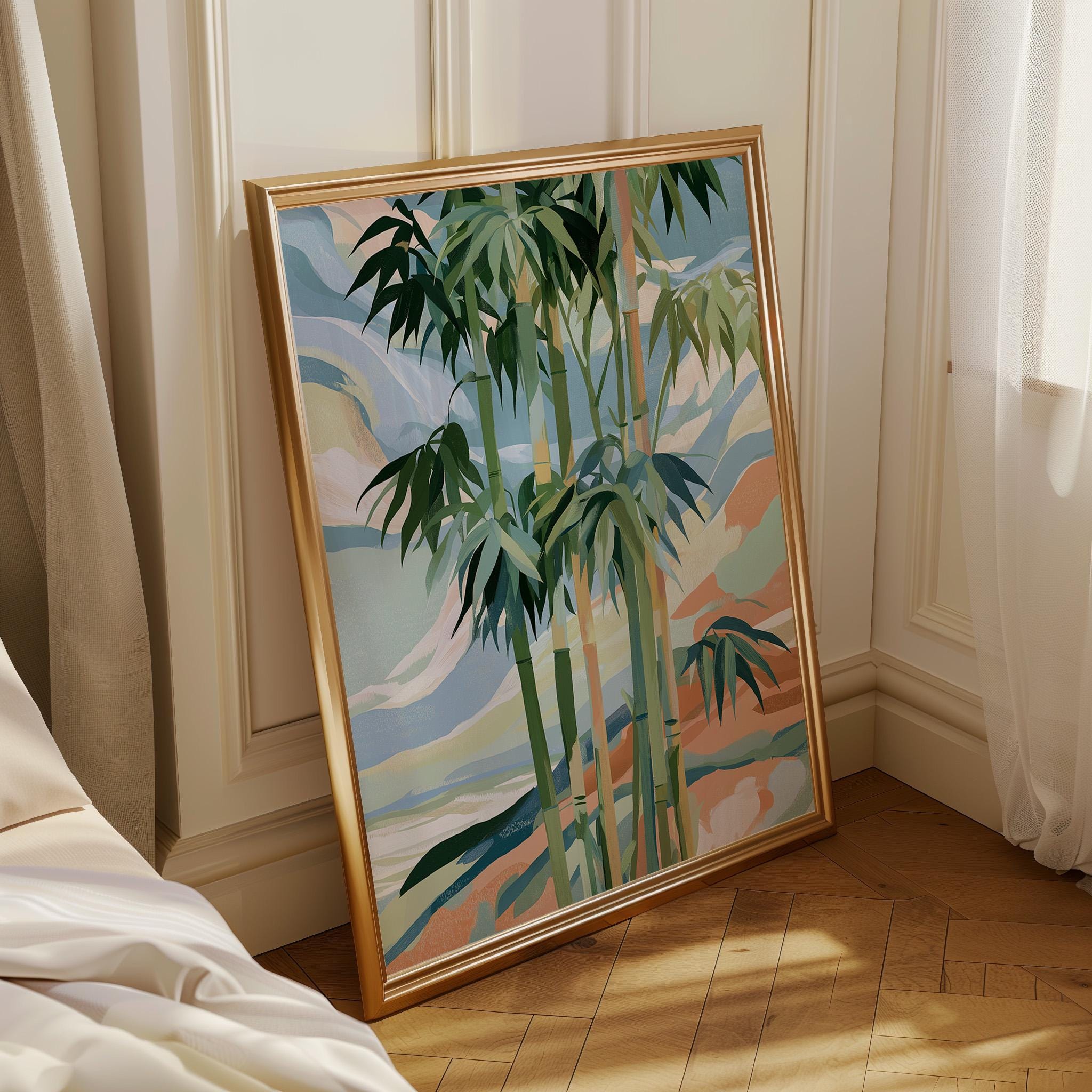 Abstract Bamboo Wall Art, Modern Botanical Japandi Poster, Zen Green Plant Decor (Framed Option)
