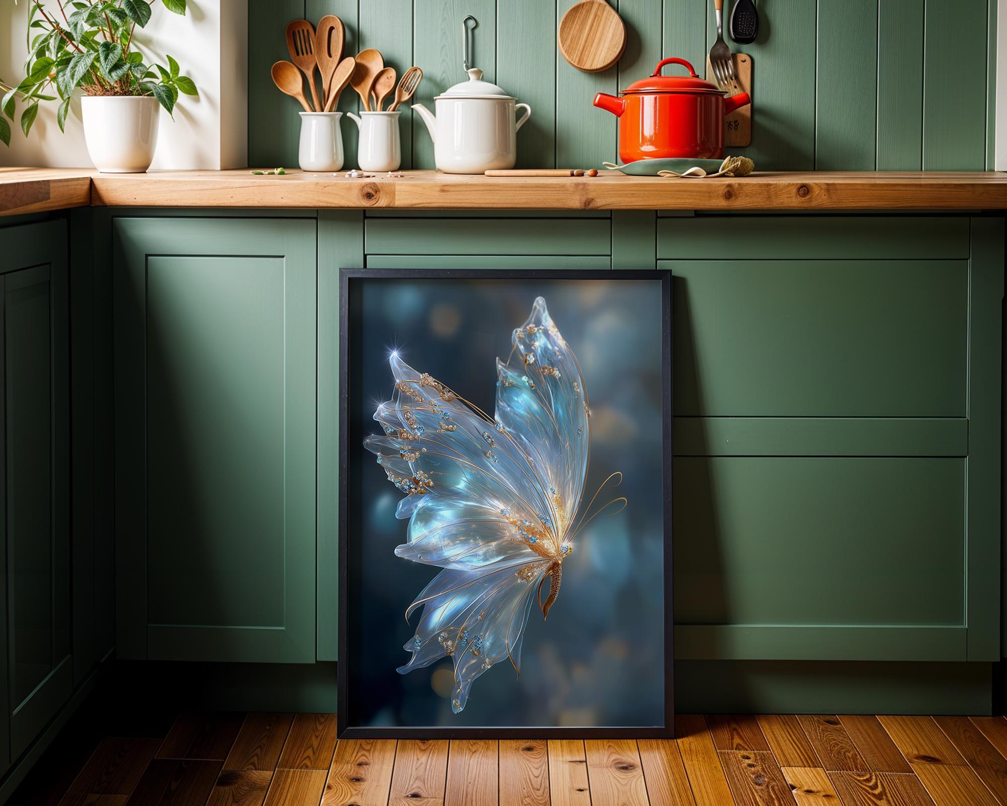 Ethereal Butterfly Magical Blue & Gold Celestial Wall Art by The Wall Art Studio