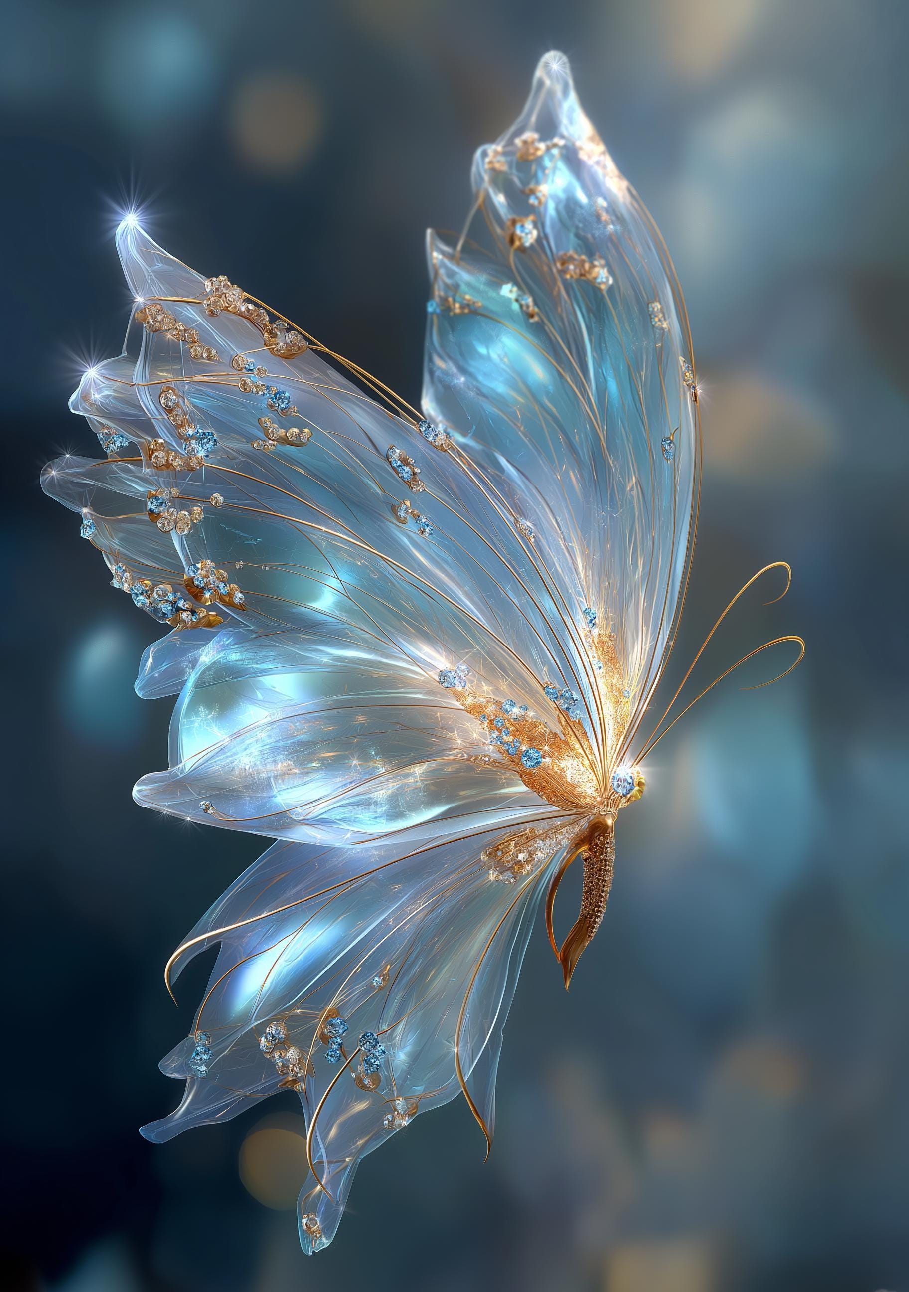 Ethereal Butterfly Magical Blue & Gold Celestial Wall Art by The Wall Art Studio