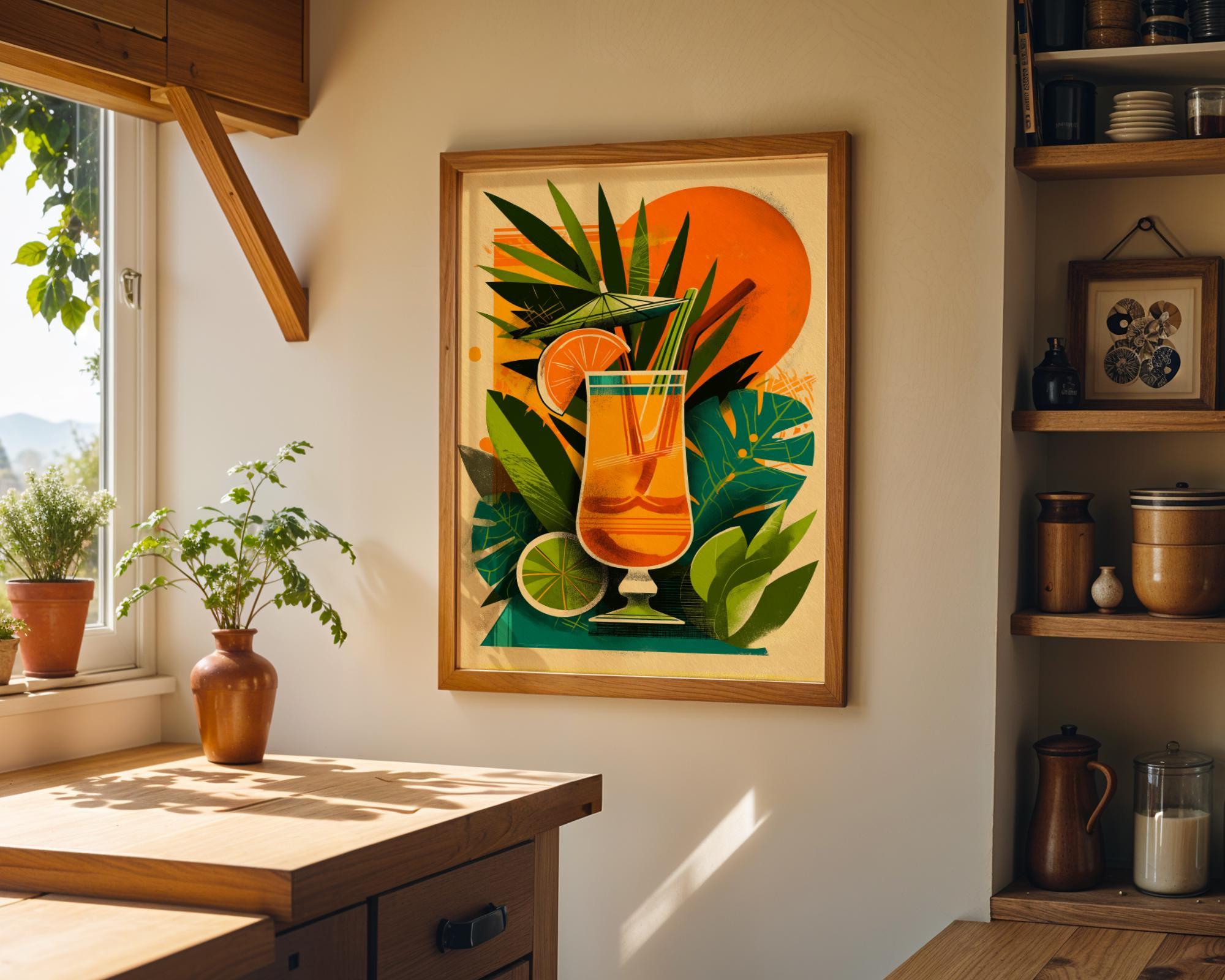 Tropical Tiki Bar Cocktail Retro Citrus Drink with Palm Leaves & Orange Sun Wall Art