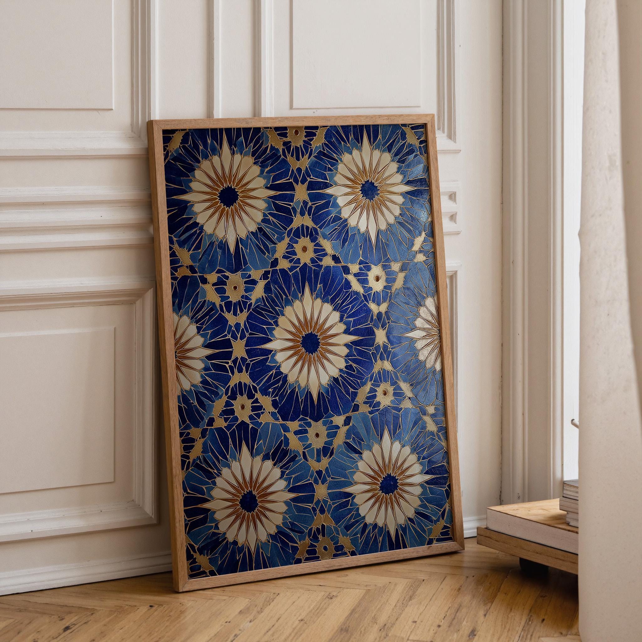 Blue Moroccan Tile Wall Art Print, Geometric Pattern Poster, Mediterranean Decor, Boho Coastal Blue Artwork (Framed Option)