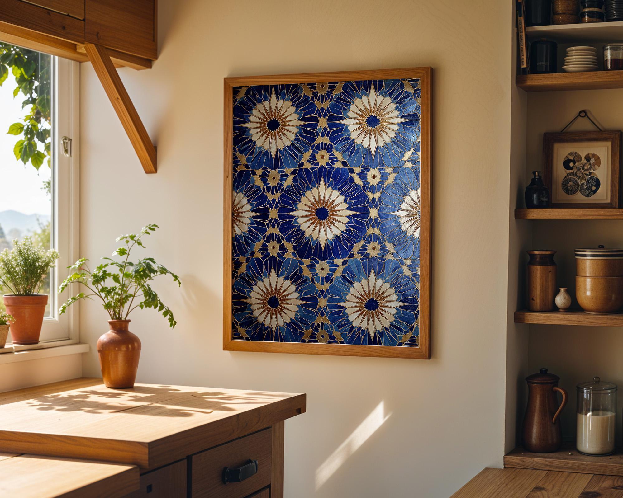 Blue Moroccan Tile Wall Art Print, Geometric Pattern Poster, Mediterranean Decor, Boho Coastal Blue Artwork (Framed Option)