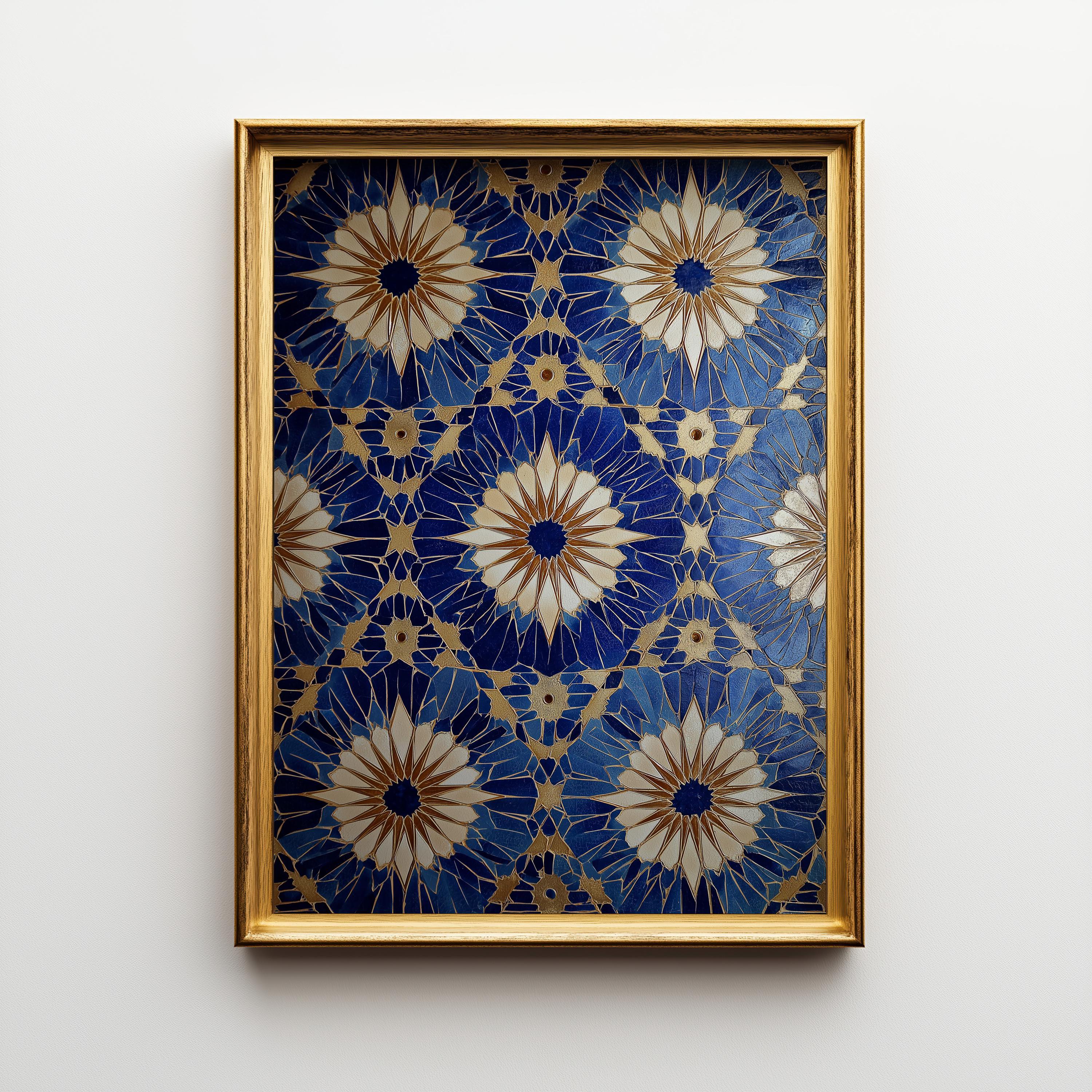 Blue Moroccan Tile Wall Art Print, Geometric Pattern Poster, Mediterranean Decor, Boho Coastal Blue Artwork (Framed Option)