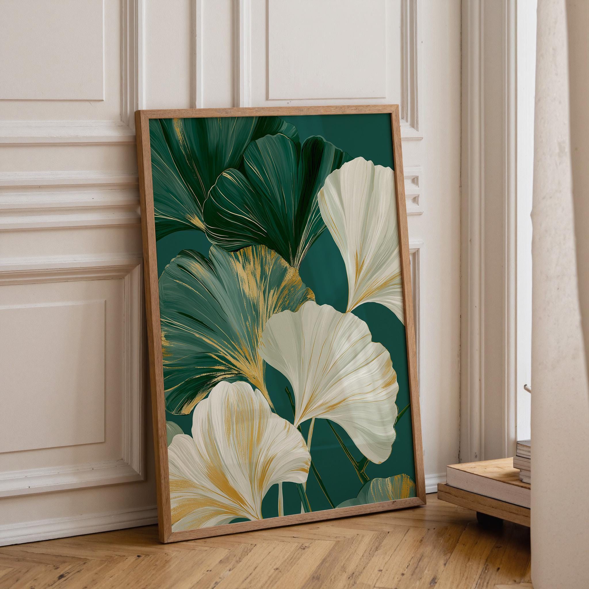 Green & Gold Art Deco Ginkgo Leaf Print Botanical Wall Art by The Wall Art Studio