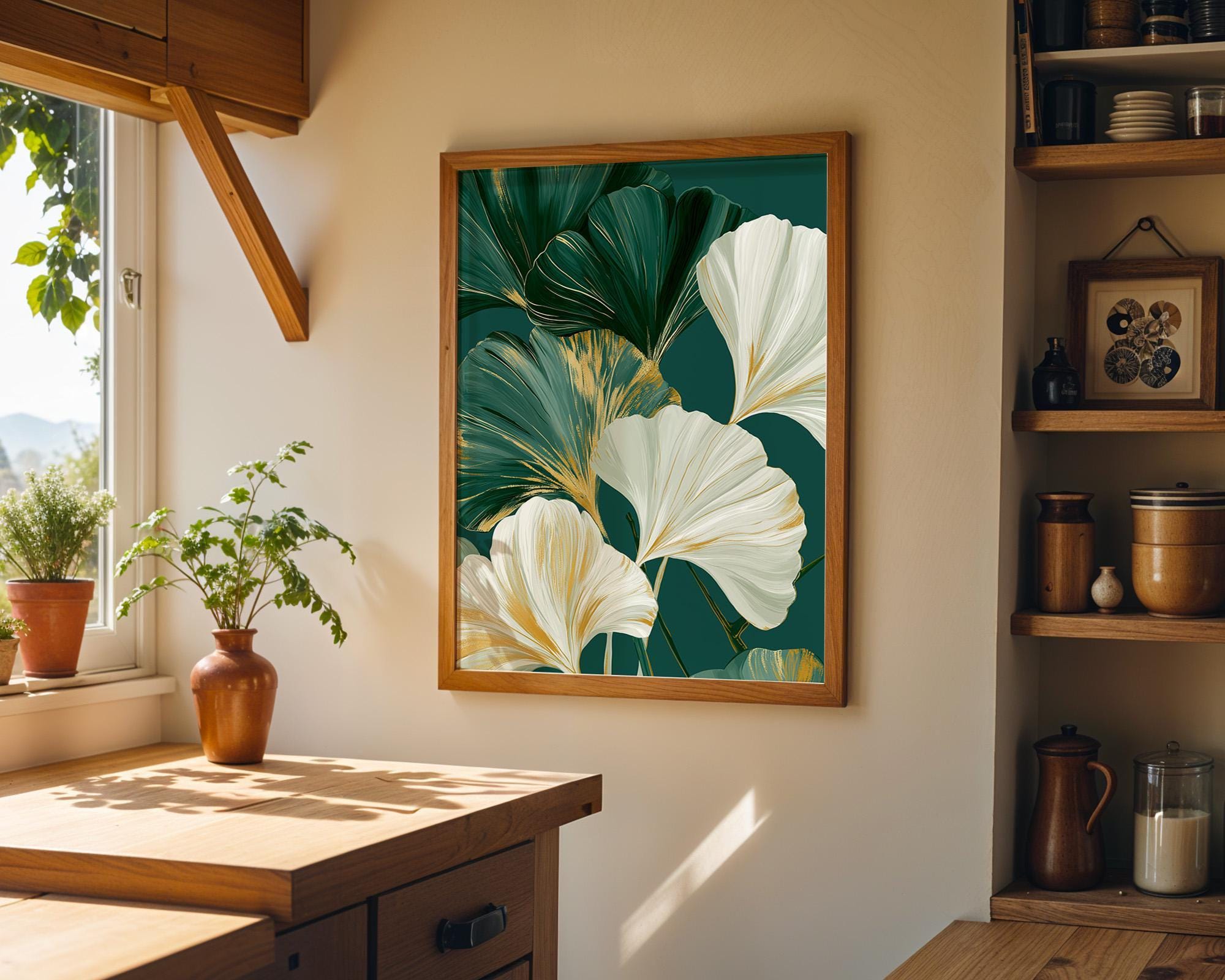 Green & Gold Art Deco Ginkgo Leaf Print Botanical Wall Art by The Wall Art Studio