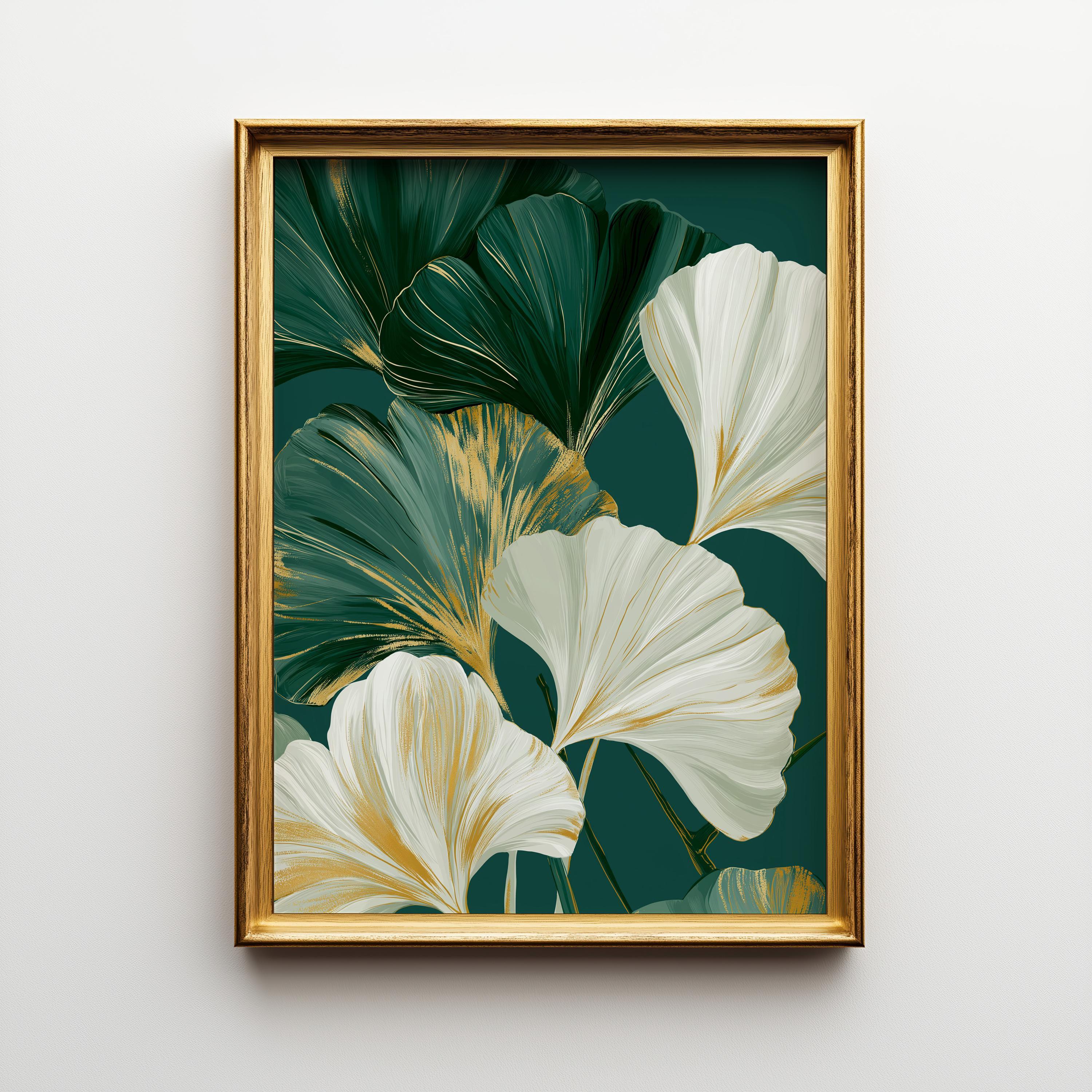 Green & Gold Art Deco Ginkgo Leaf Print Botanical Wall Art by The Wall Art Studio