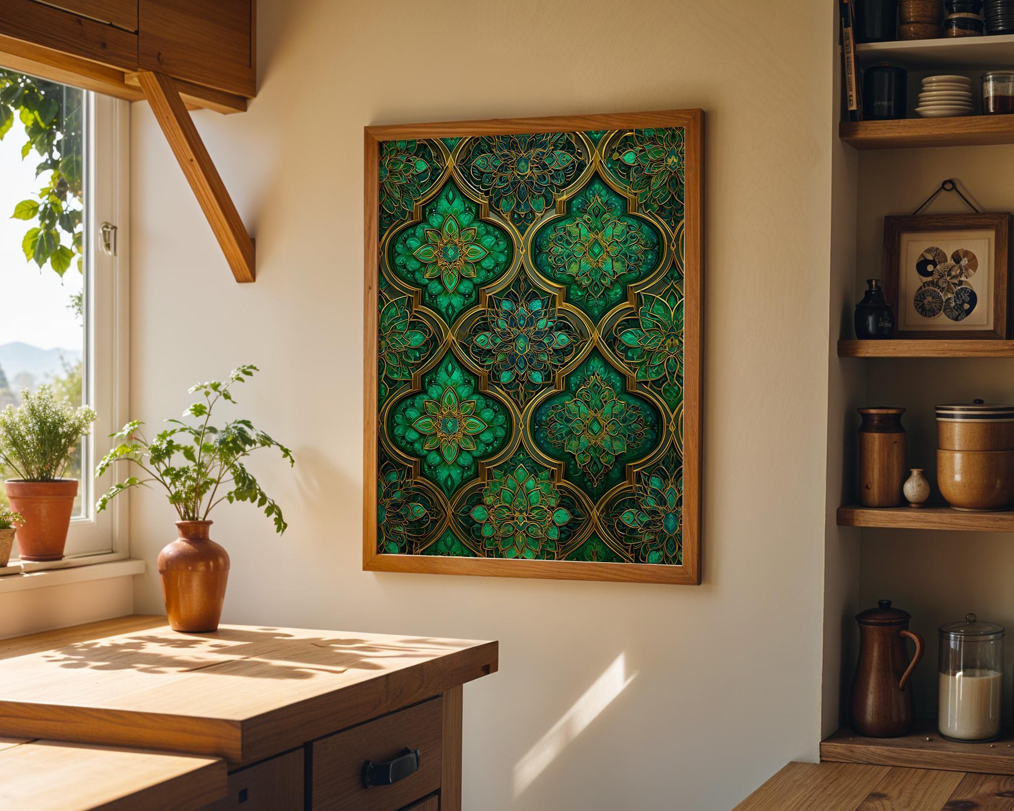 Green & Gold Moroccan Tile Geometric Pattern Wall Art by The Wall Art Studio