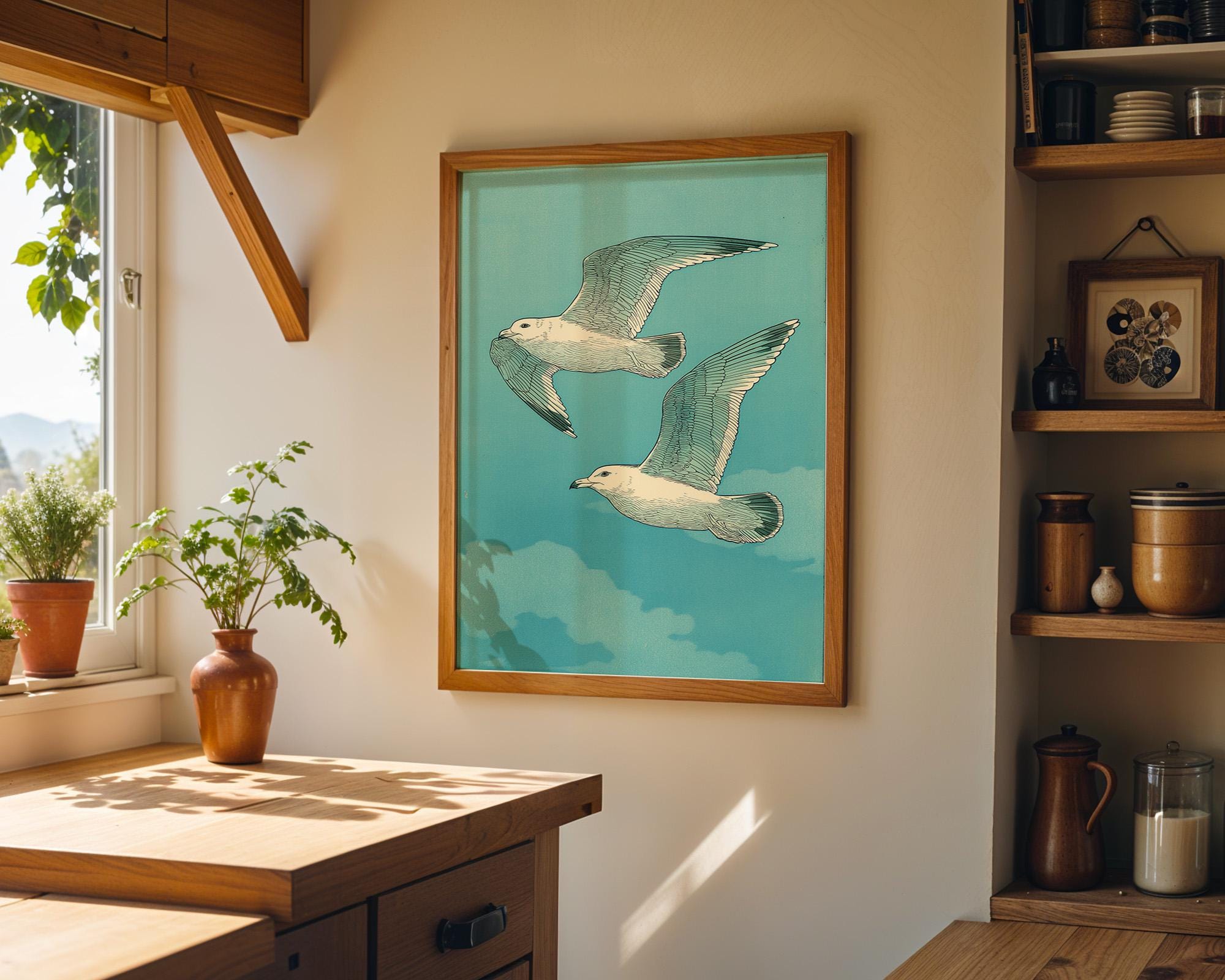 Japanese Style Seagull Ukiyo-e Teal Ocean Wall Art by The Wall Art Studio