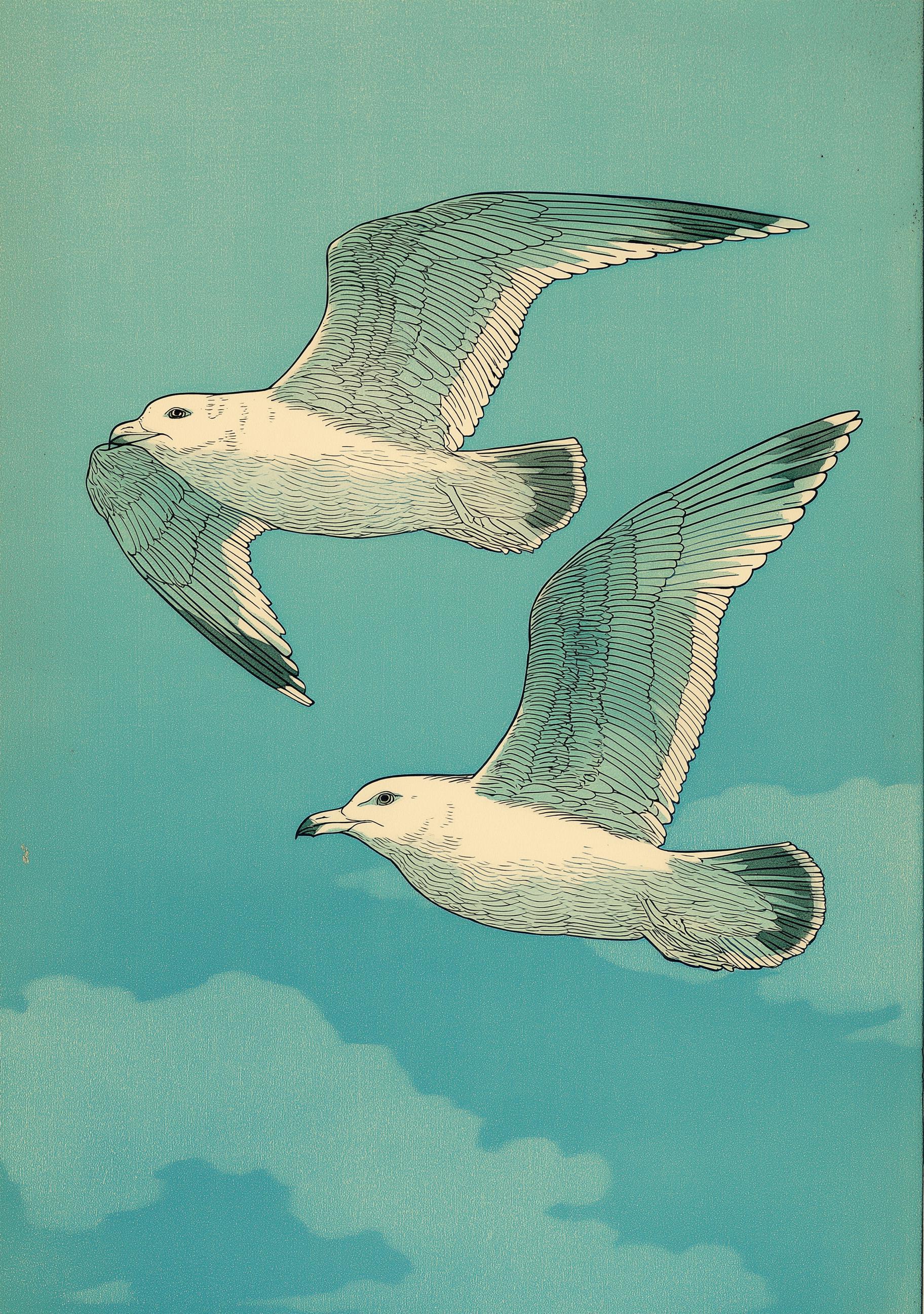 Japanese Style Seagull Ukiyo-e Teal Ocean Wall Art by The Wall Art Studio