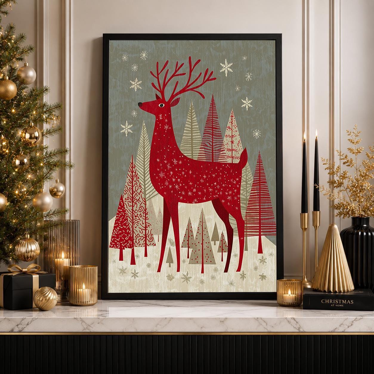 Scandinavian Christmas Nordic Reindeer Family Wall Art by The Wall Art Studio