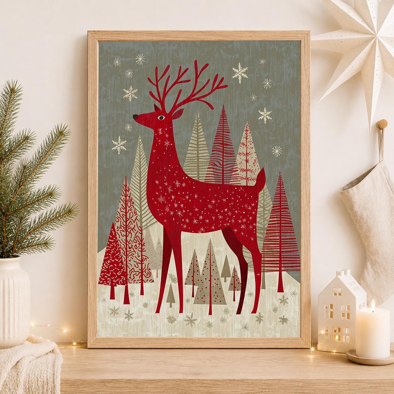 Scandinavian Christmas Nordic Reindeer Family Wall Art by The Wall Art Studio