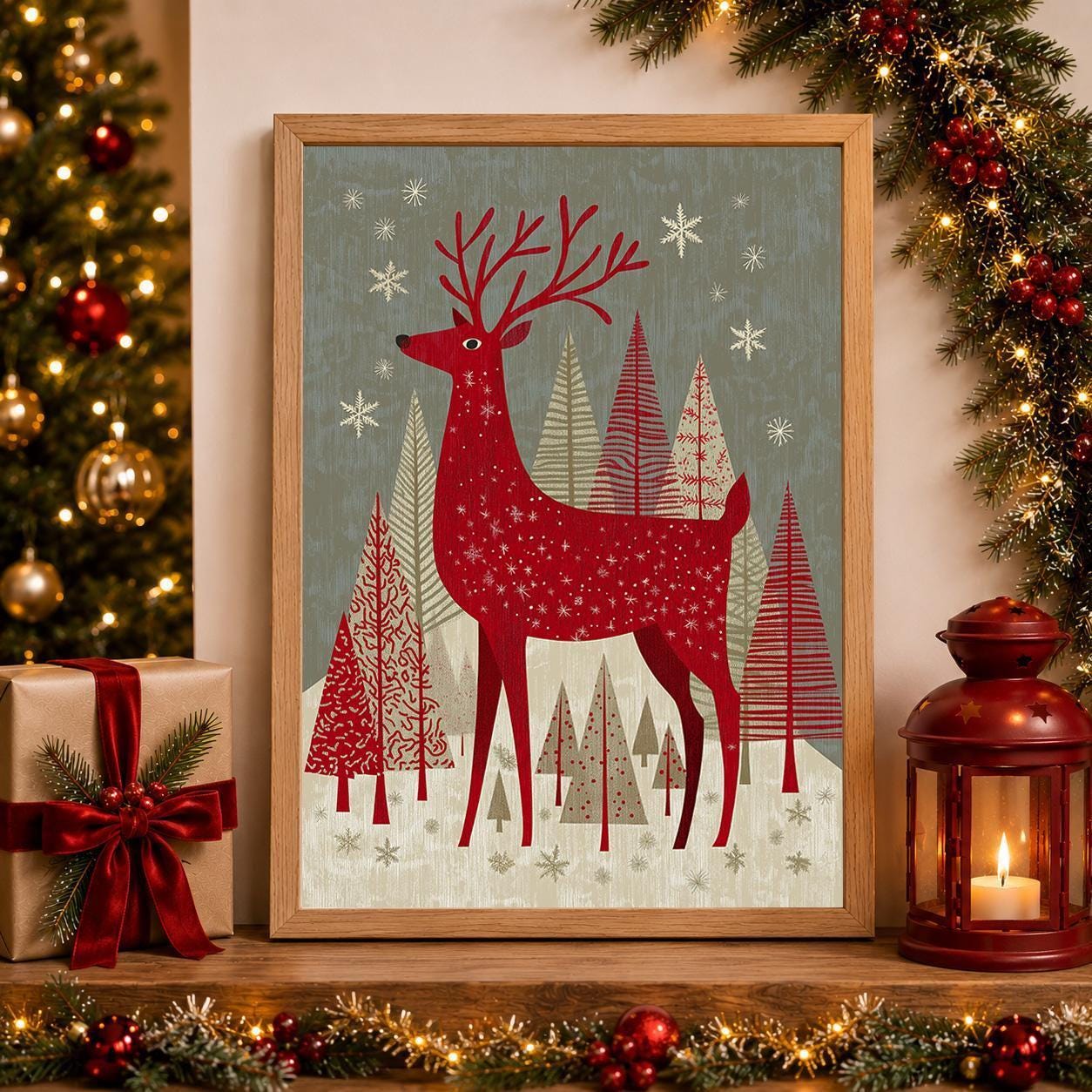 Scandinavian Christmas Nordic Reindeer Family Wall Art by The Wall Art Studio