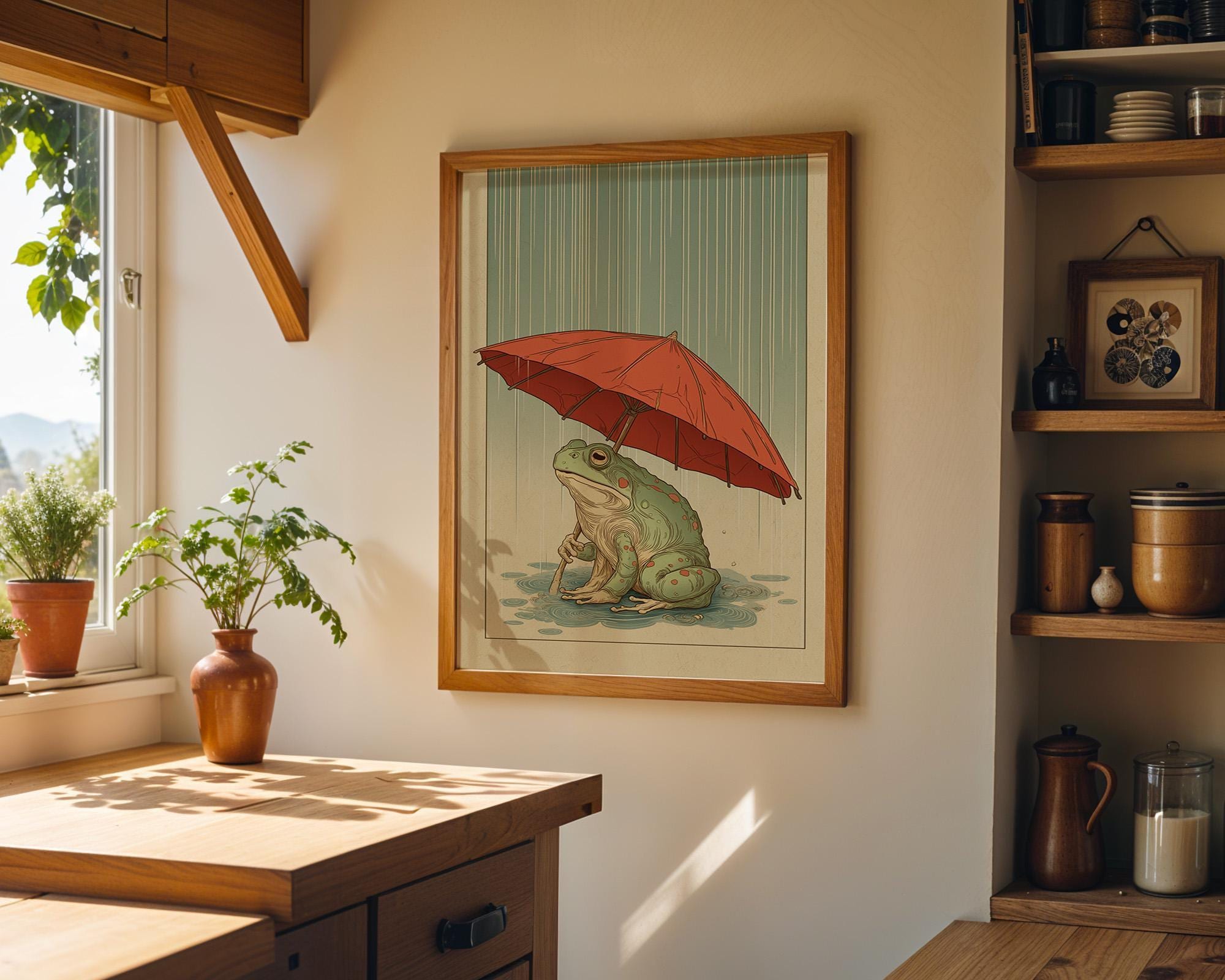 Frog With Umbrella Japanese Style Wall Art by The Wall Art Studio