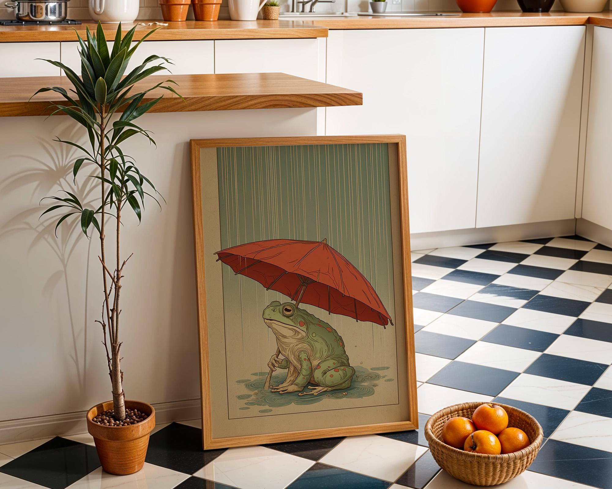 Frog With Umbrella Japanese Style Wall Art by The Wall Art Studio