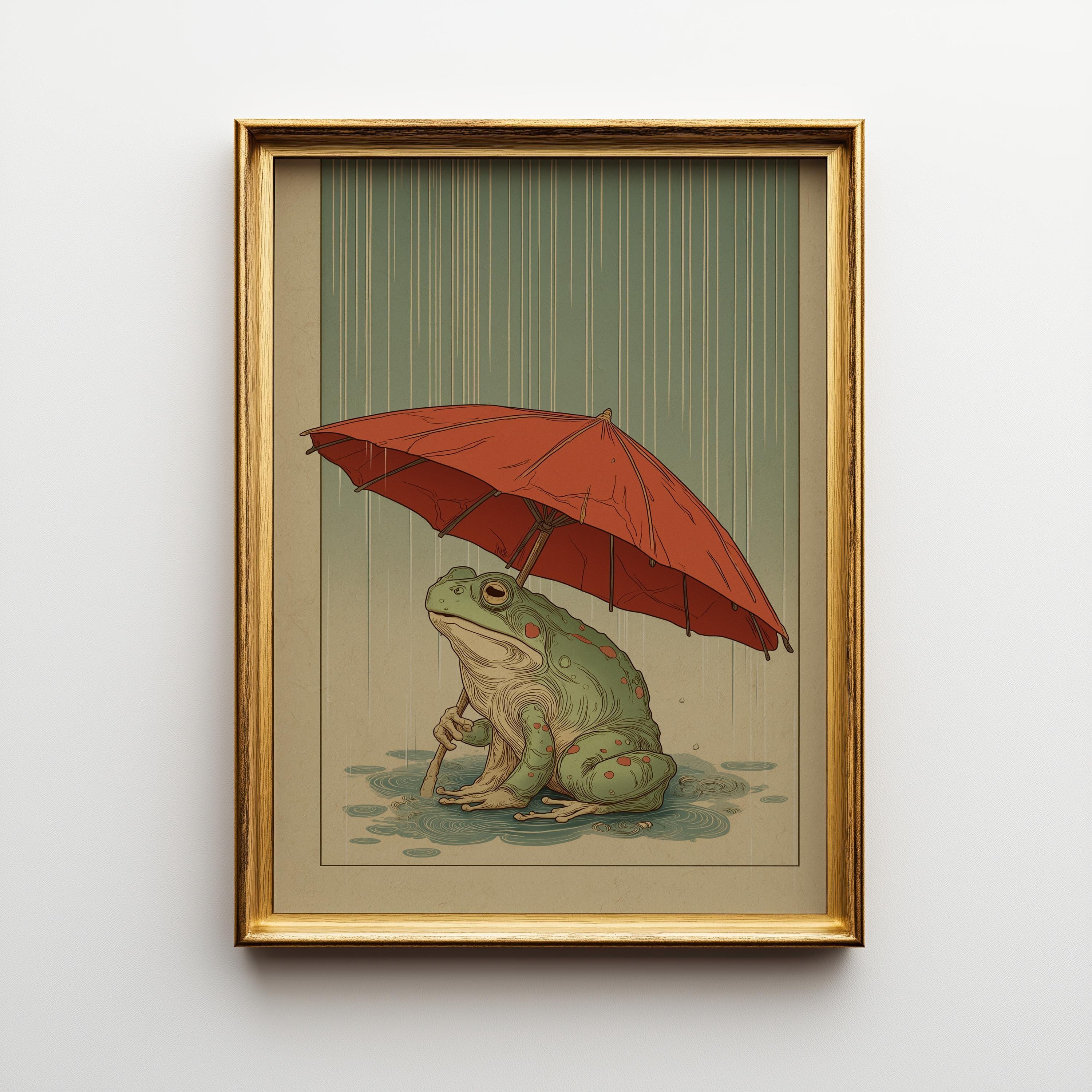 Frog With Umbrella Japanese Style Wall Art by The Wall Art Studio