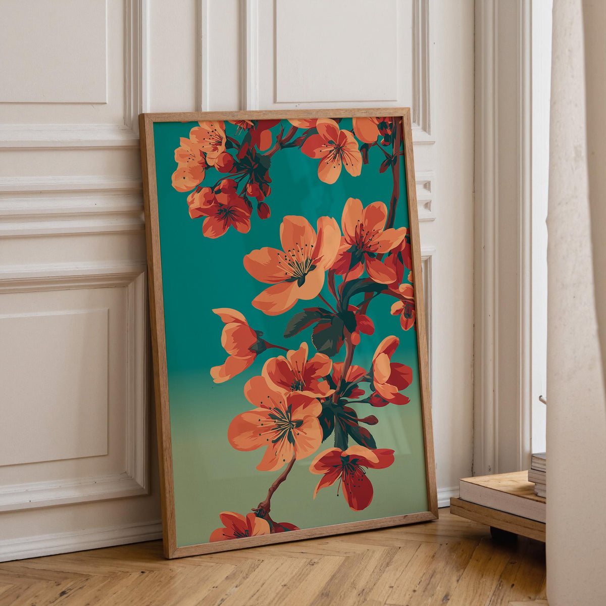 Cherry Blossom Bold Floral Teal & Orange Japandi Wall Art