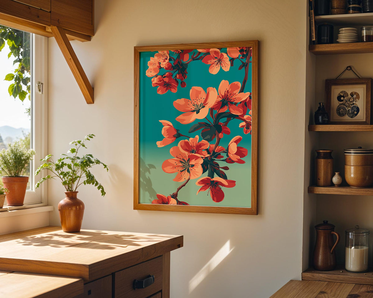 Cherry Blossom Bold Floral Teal & Orange Japandi Wall Art