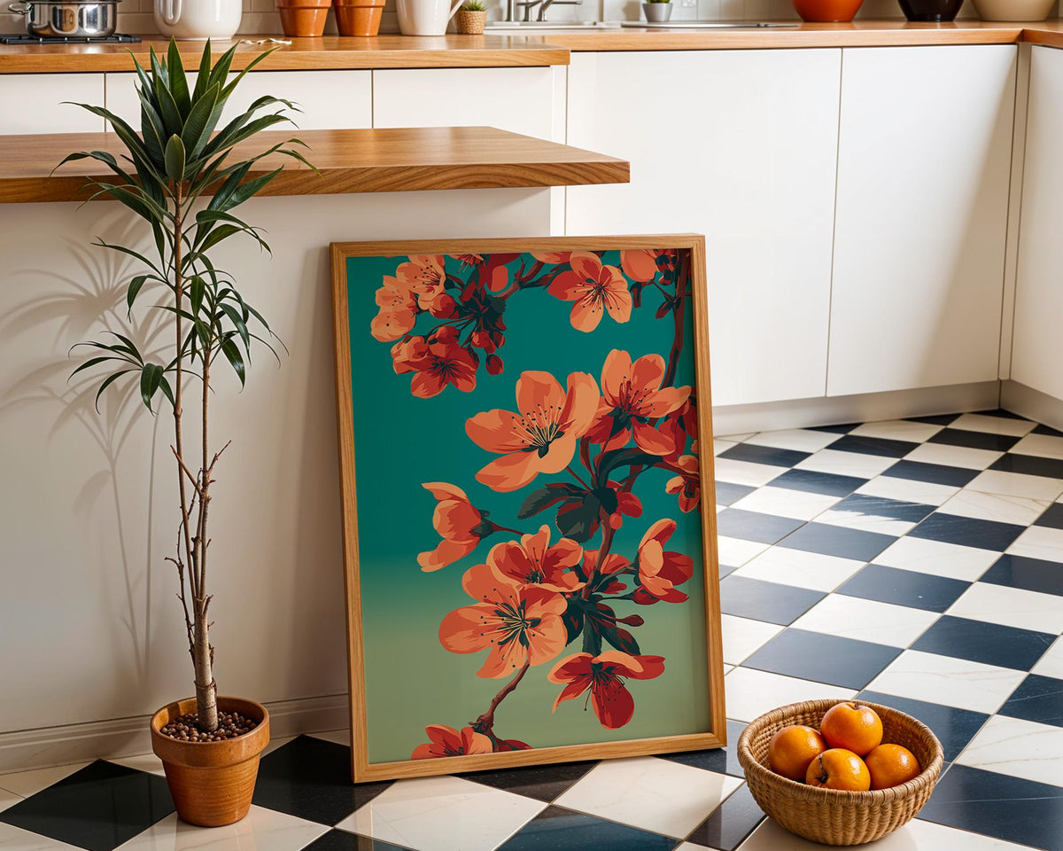 Cherry Blossom Bold Floral Teal & Orange Japandi Wall Art